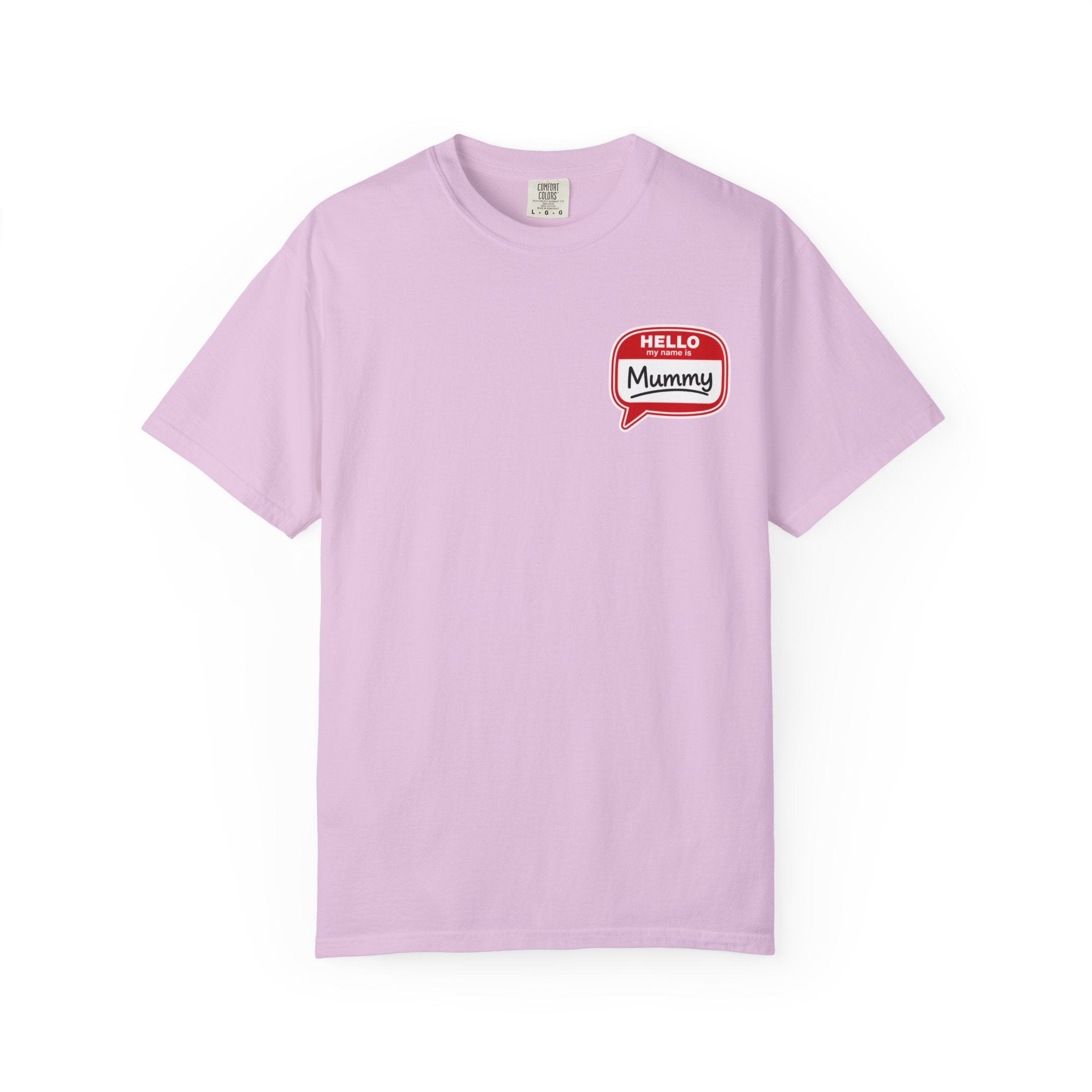 T-Shirt — "Hello Mummy" Retro Name-Tag Graphic