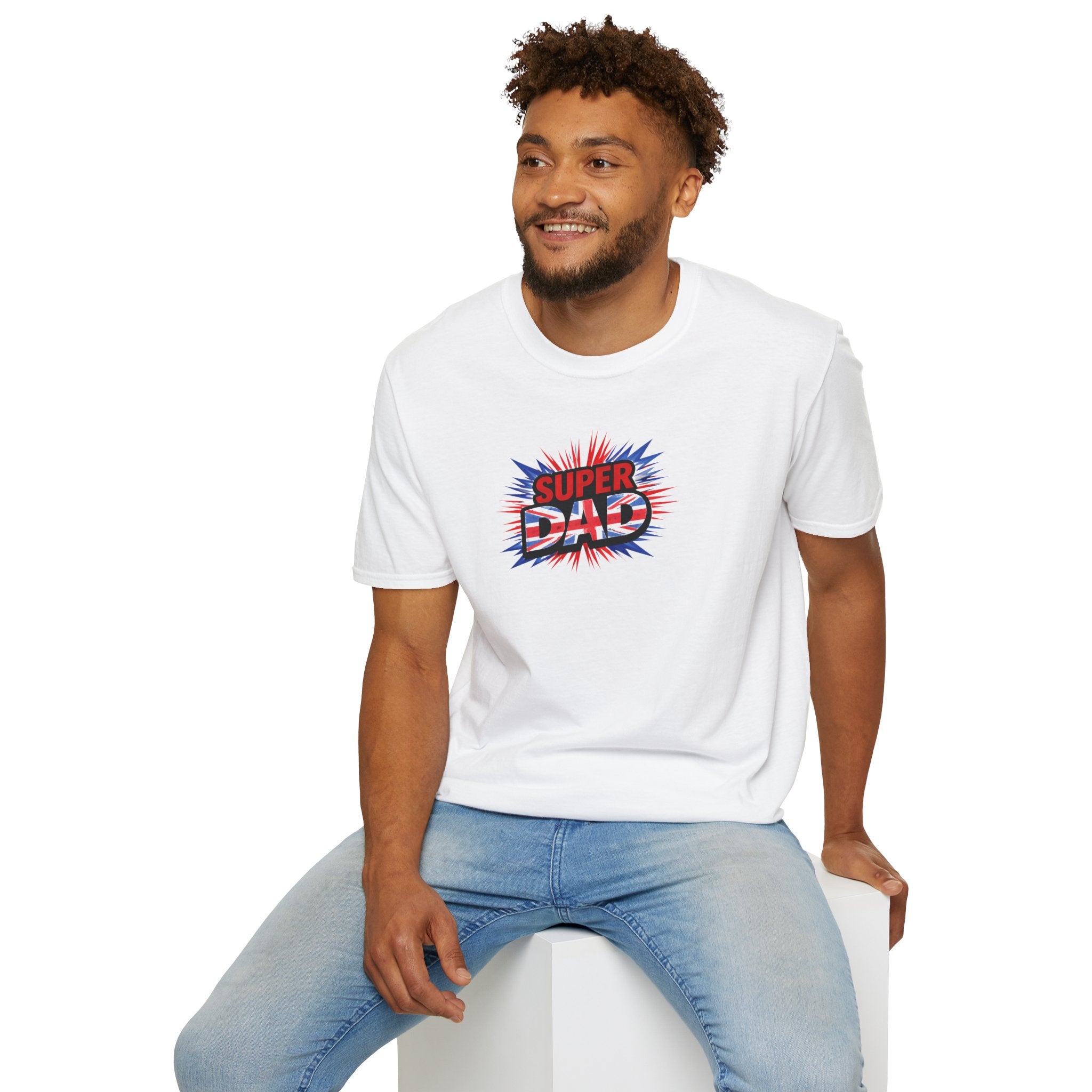 Super Dad T-Shirt – Union Jack Flag pattern Retro Comic Father’s Day Tee