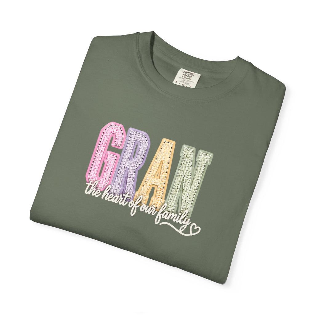Gran Floral Script T-Shirt — "the heart of my family" Sage Garment-Dyed Tee