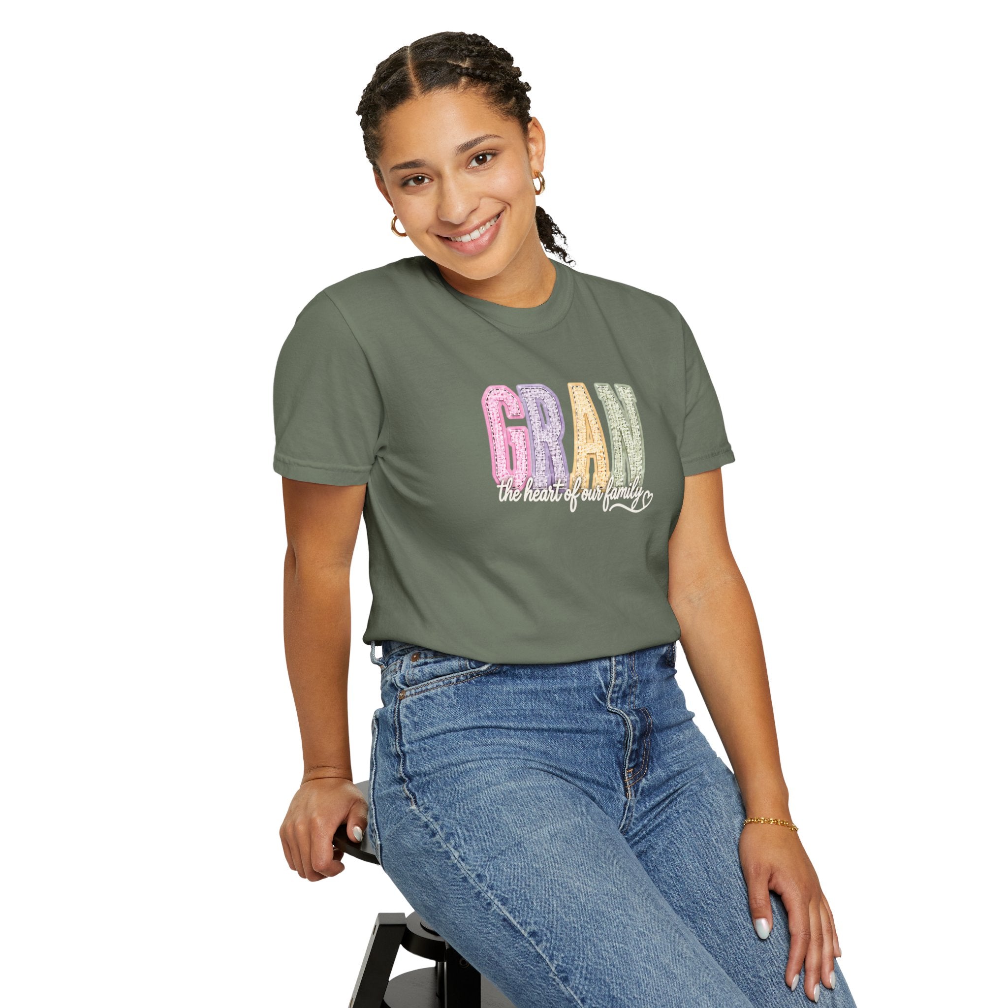 Gran Floral Script T-Shirt — "the heart of my family" Sage Garment-Dyed Tee
