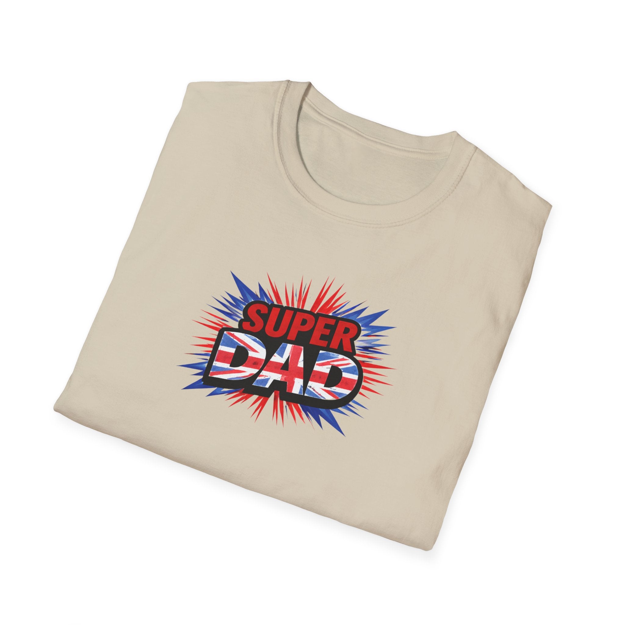 Super Dad T-Shirt – Union Jack Flag pattern Retro Comic Father’s Day Tee
