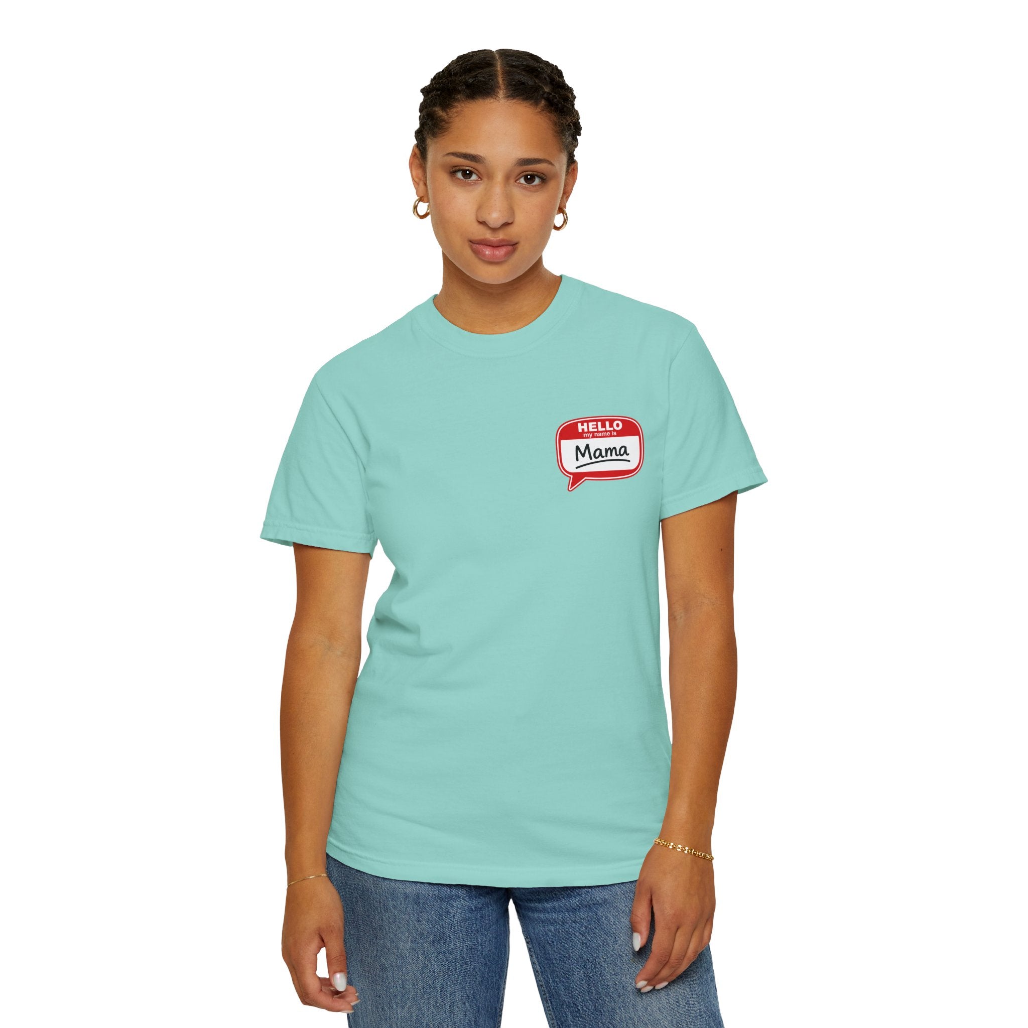 Hello Mama Pocket T‑Shirt — Cute 'Hello Mama' Name Tag Graphic Tee for New and Expecting Moms
