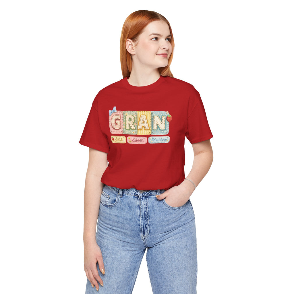 Gran Retro Patch Tee — Personalized 'Gran' Name Blocks Short Sleeve Shirt