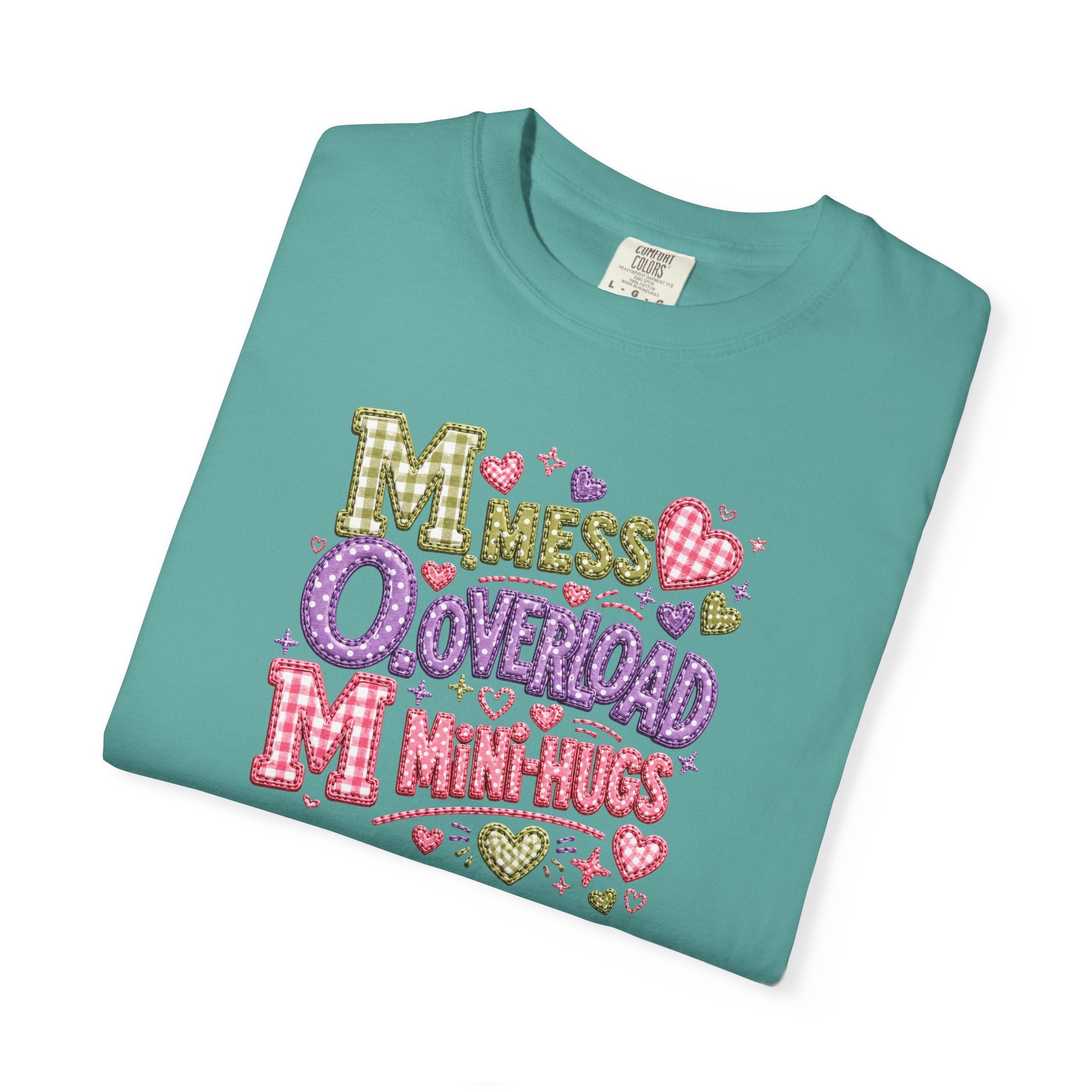 Mess, Overload, Mini-Hugs Hugs T-Shirt — Cute Hand-Lettered Mom Vibes Tee