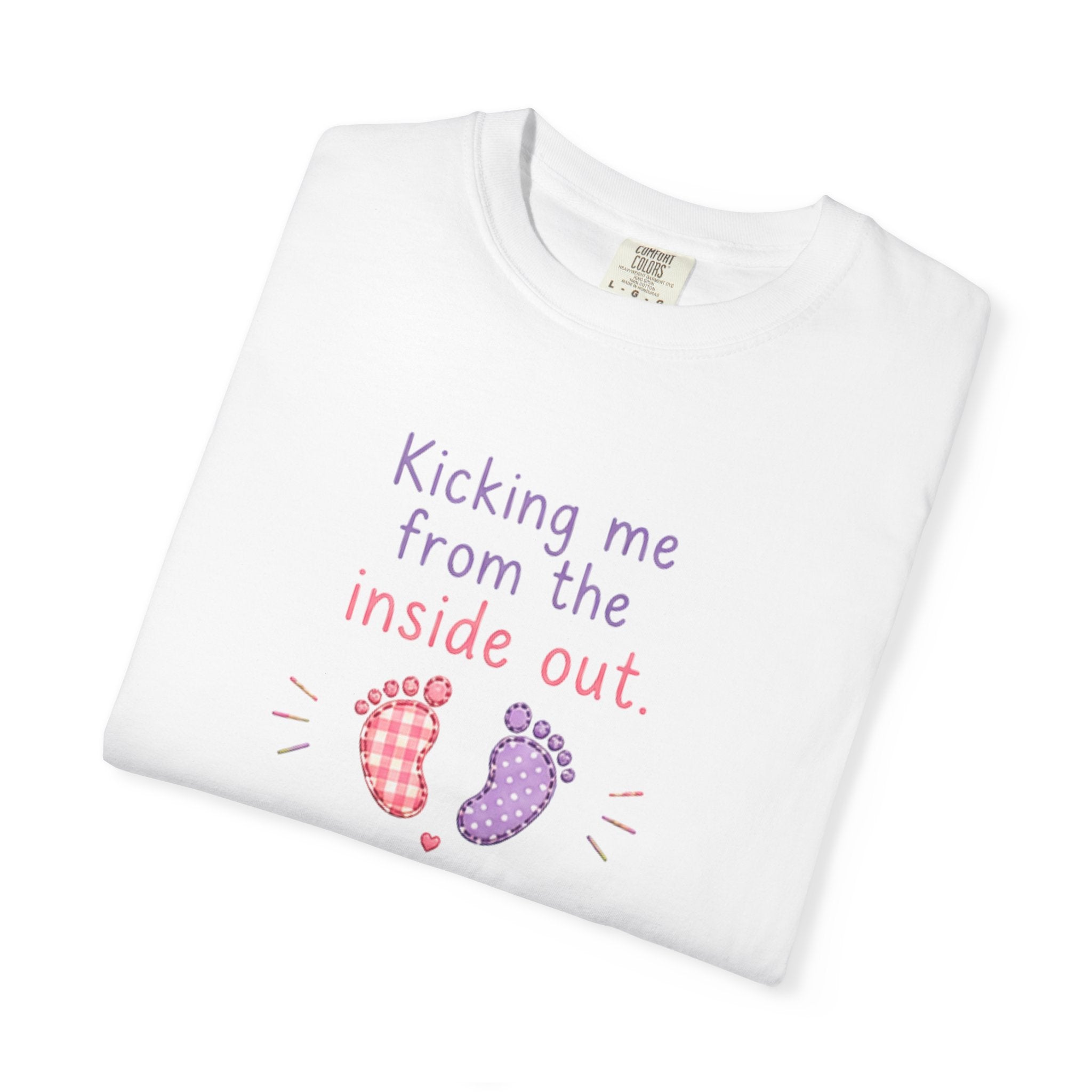 Pregnancy T-Shirt "Kicking Me From the Inside Out" — Cute Baby Footprint Maternity Tee