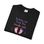 Pregnancy T-Shirt "Kicking Me From the Inside Out" — Cute Baby Footprint Maternity Tee