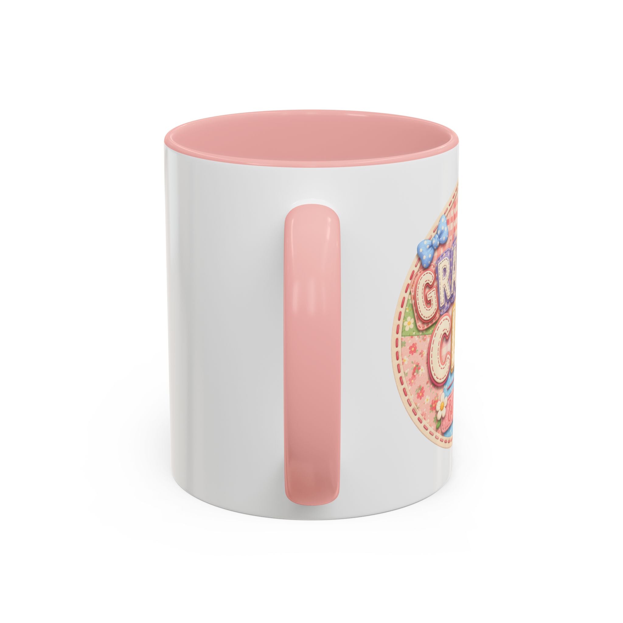 Cute 'Grandma Club' Accent Coffee Mug — Pink Interior & Handle, Floral Heart Design
