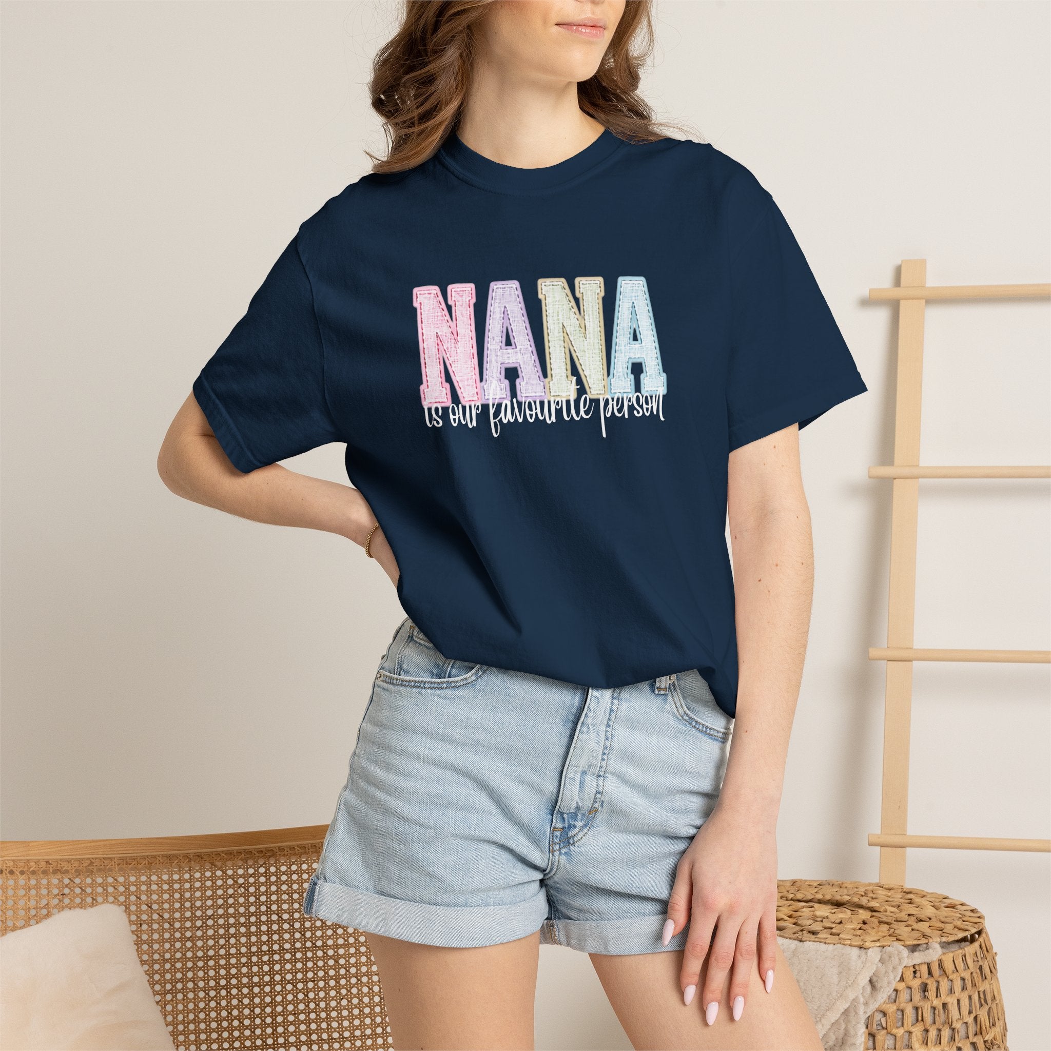Nana Pastel Patchwork Tee — Soft White "NANA" Graphic T-Shirt for Grandmothers