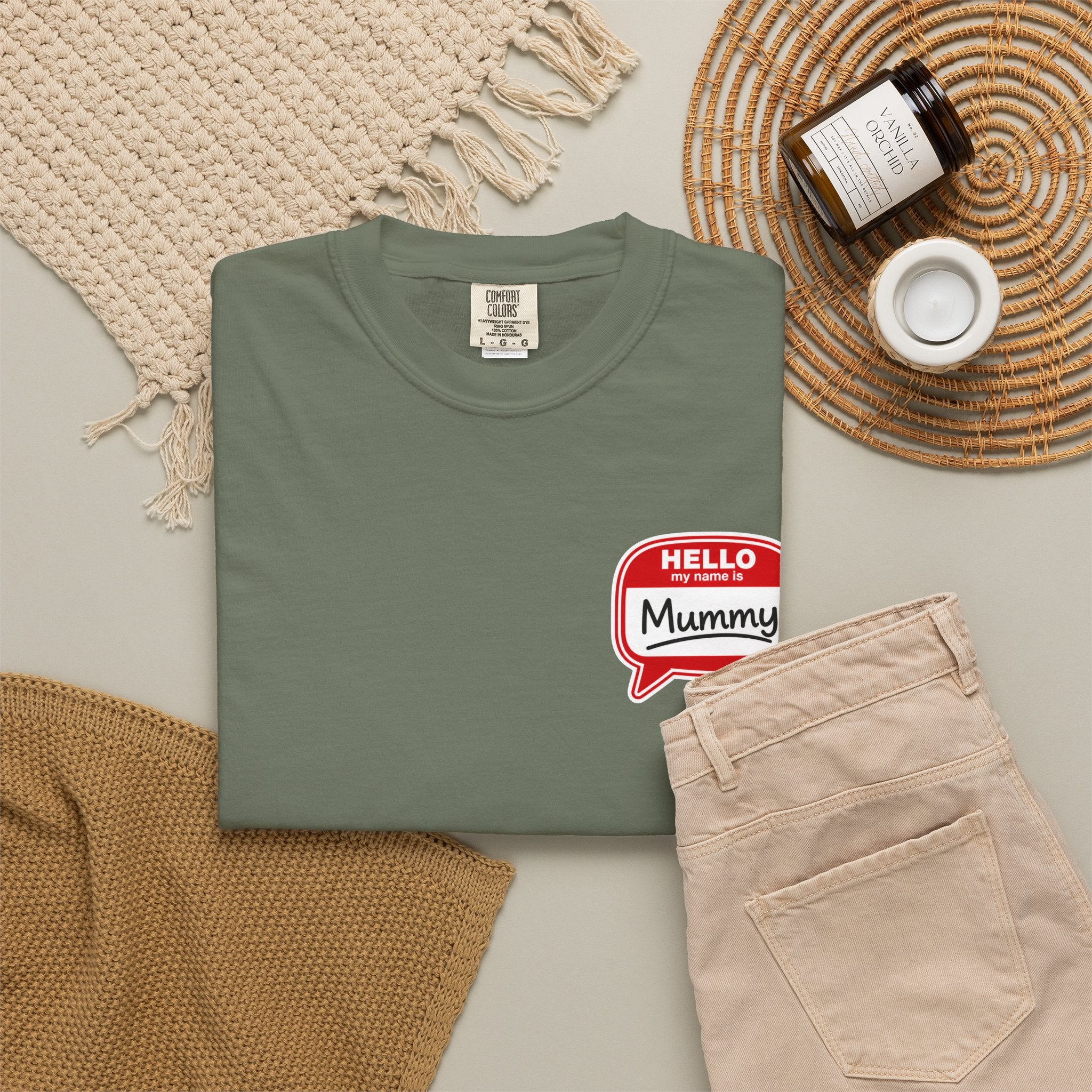 T-Shirt — "Hello Mummy" Retro Name-Tag Graphic