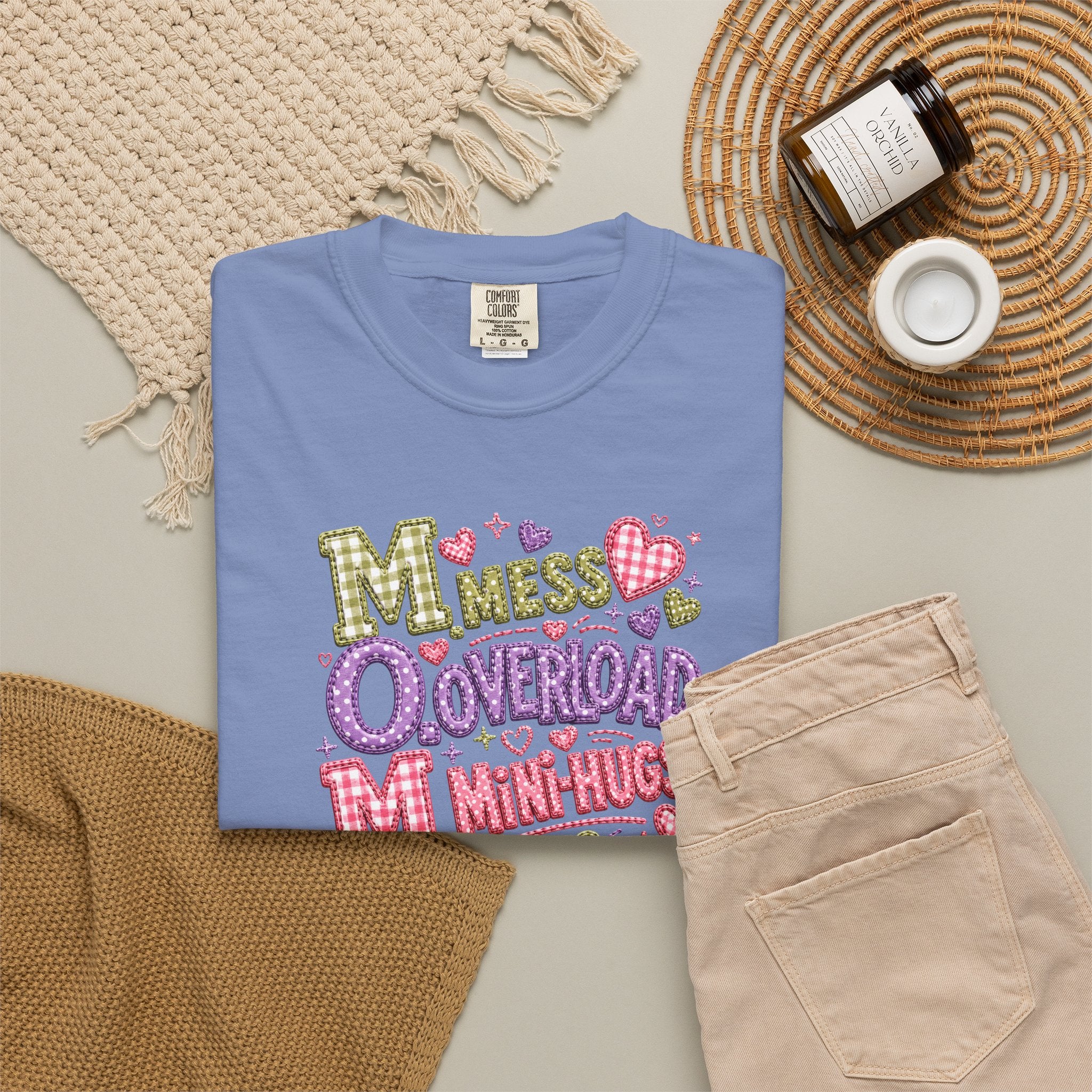 Mess, Overload, Mini-Hugs Hugs T-Shirt — Cute Hand-Lettered Mom Vibes Tee