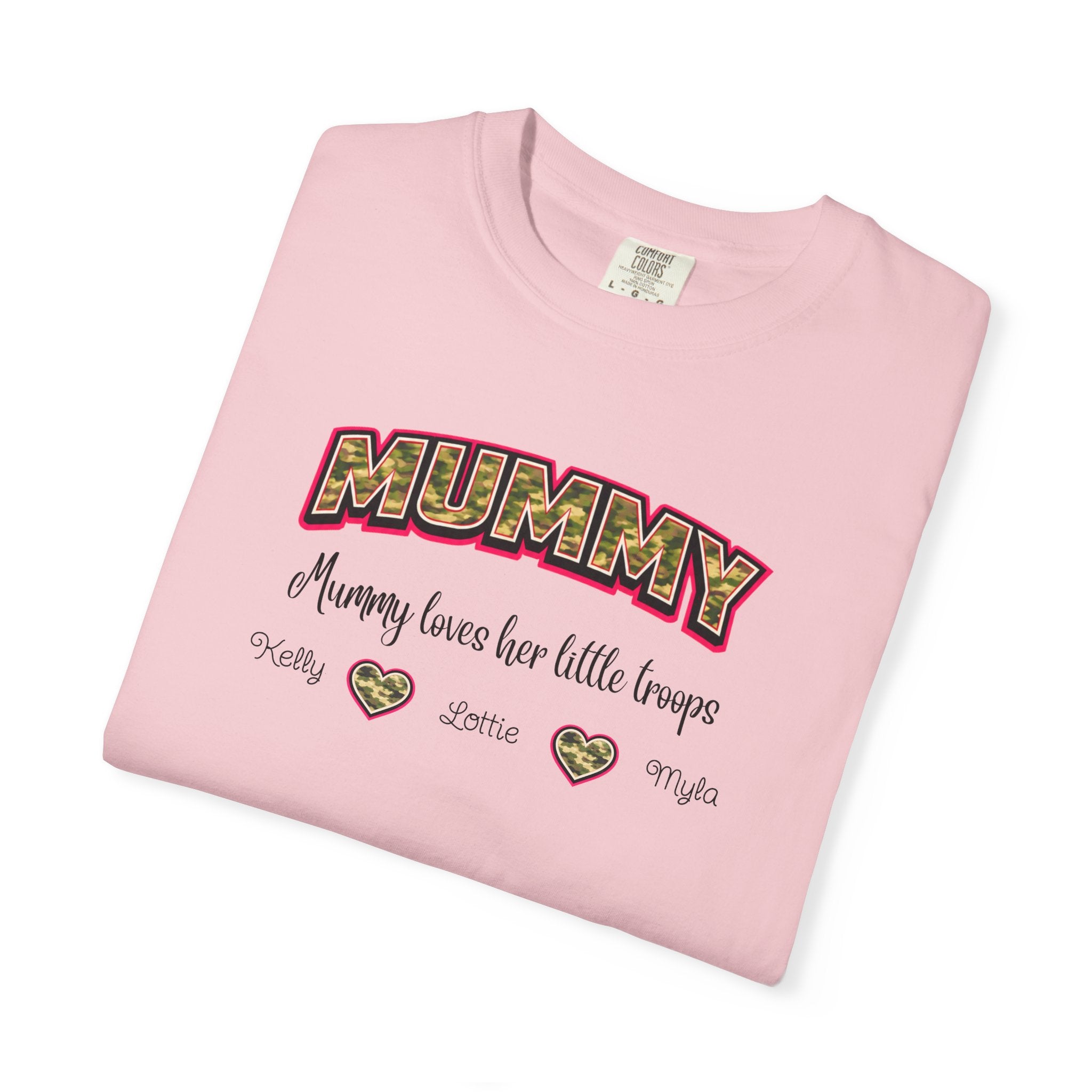 Mummy Camo Heart Graphic T-Shirt — "Mummy, leave her little layers" Retro Mum Tee