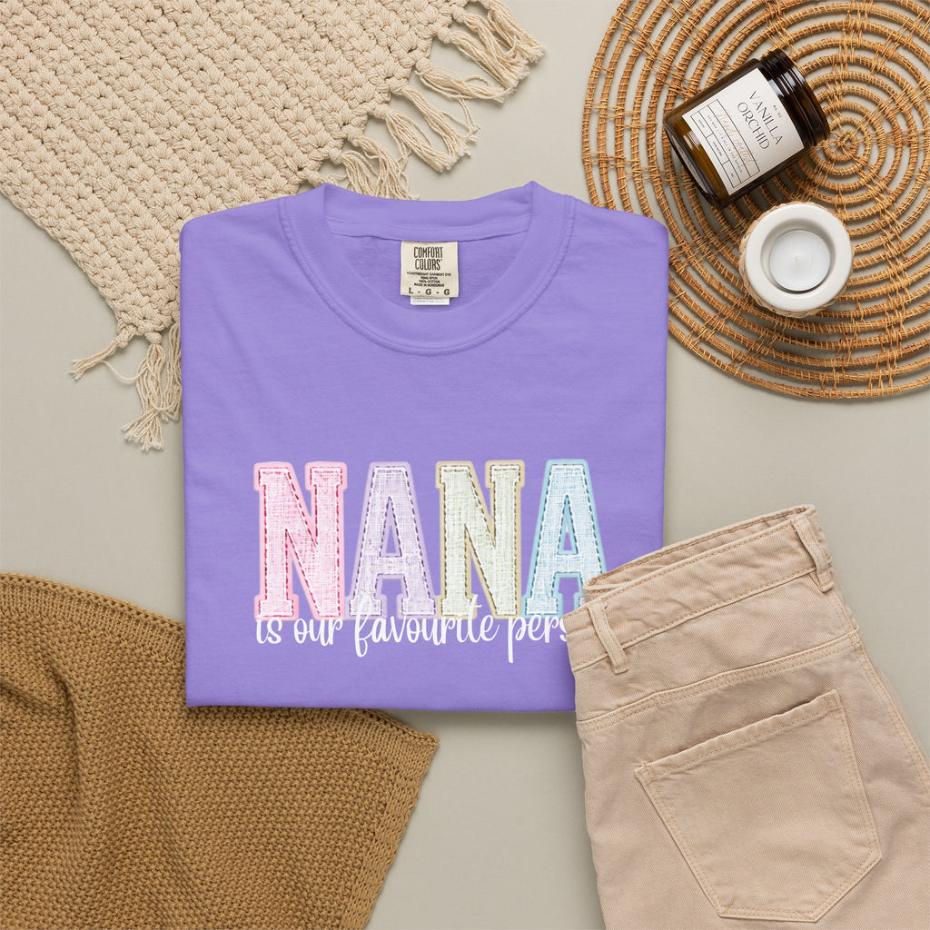 Nana Pastel Patchwork Tee — Soft White "NANA" Graphic T-Shirt for Grandmothers