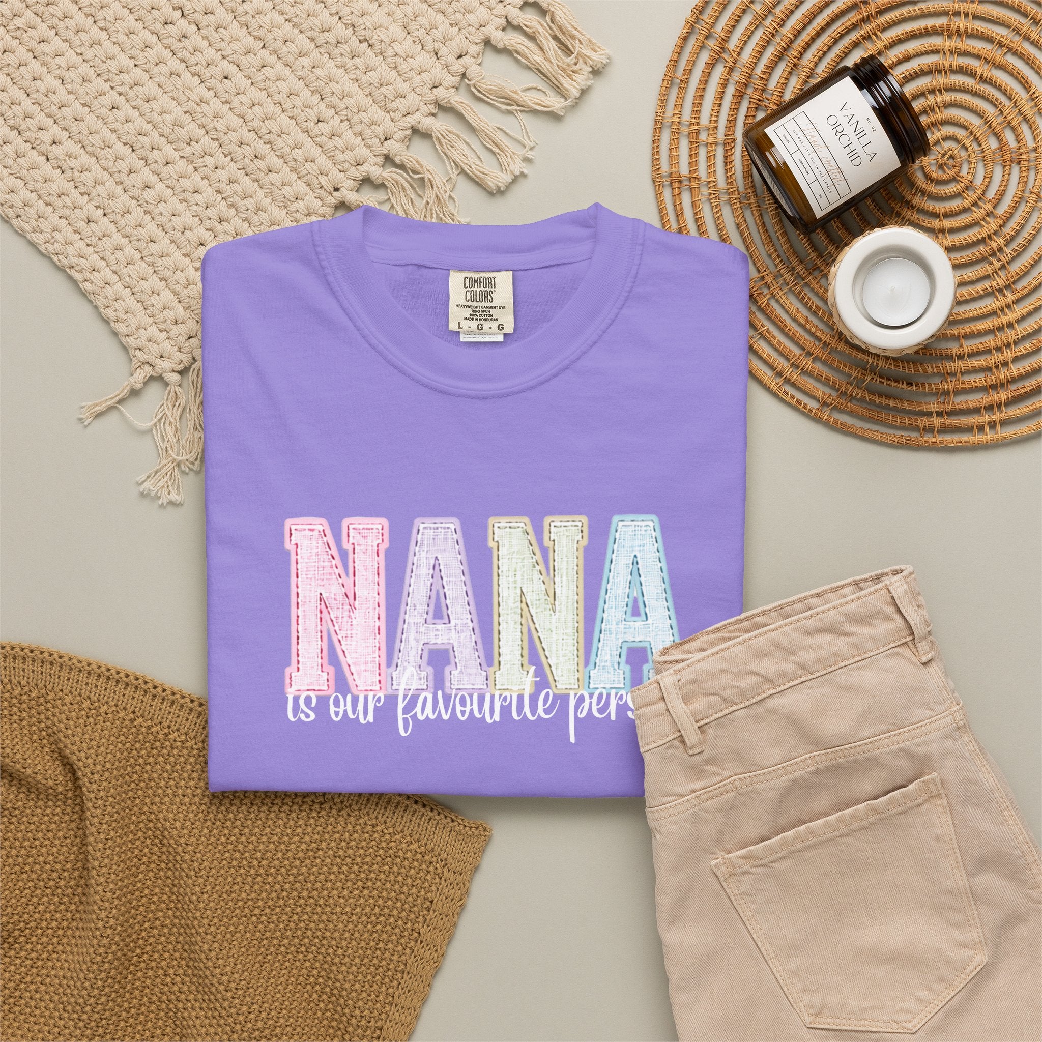 Nana Pastel Patchwork Tee — Soft White "NANA" Graphic T-Shirt for Grandmothers