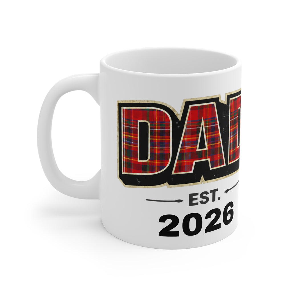 Dad Plaid Mug – 'DAD' with Red Tartan Pattern, Established 2026 Coffee Cup
