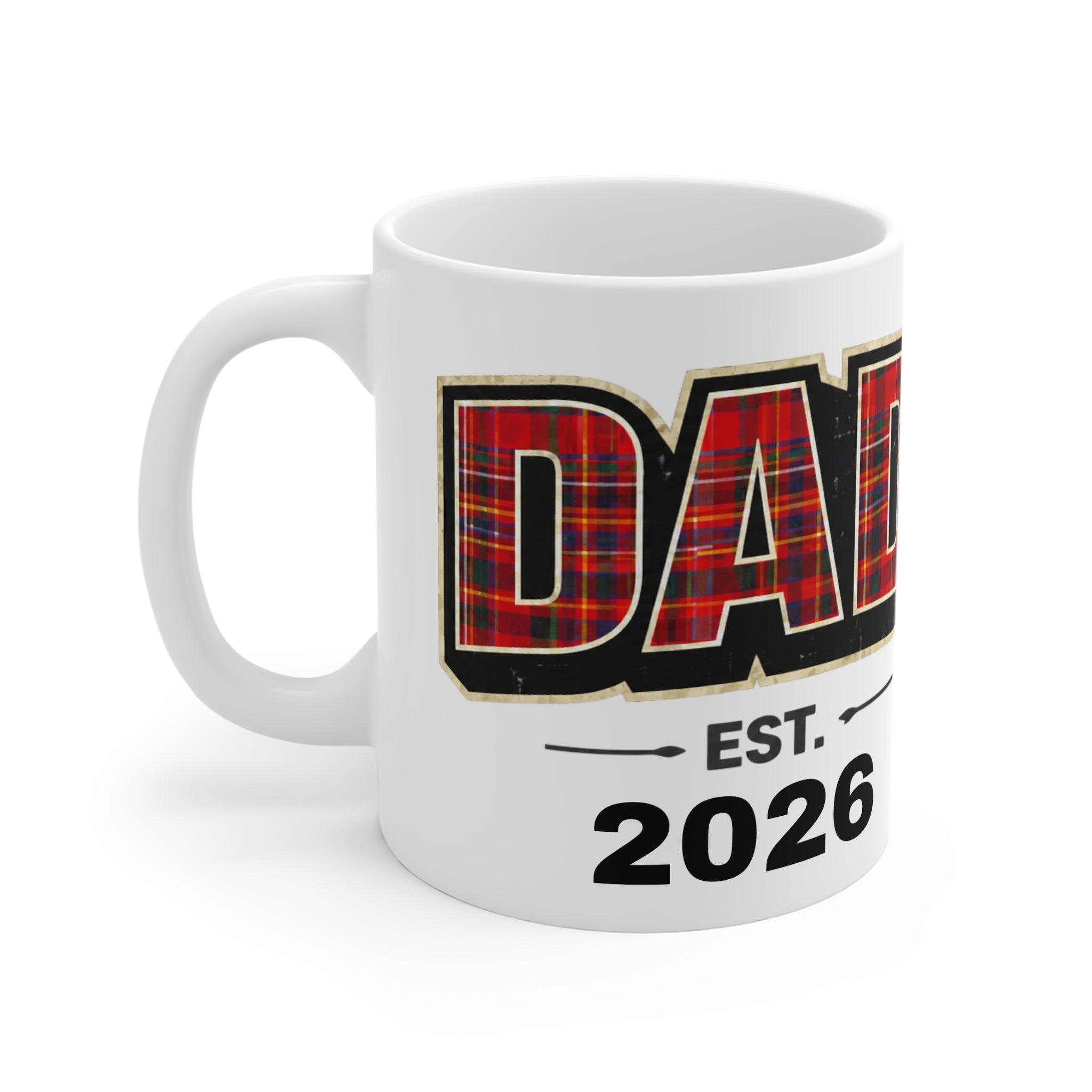 Dad Plaid Mug – 'DAD' with Red Tartan Pattern, Established 2026 Coffee Cup
