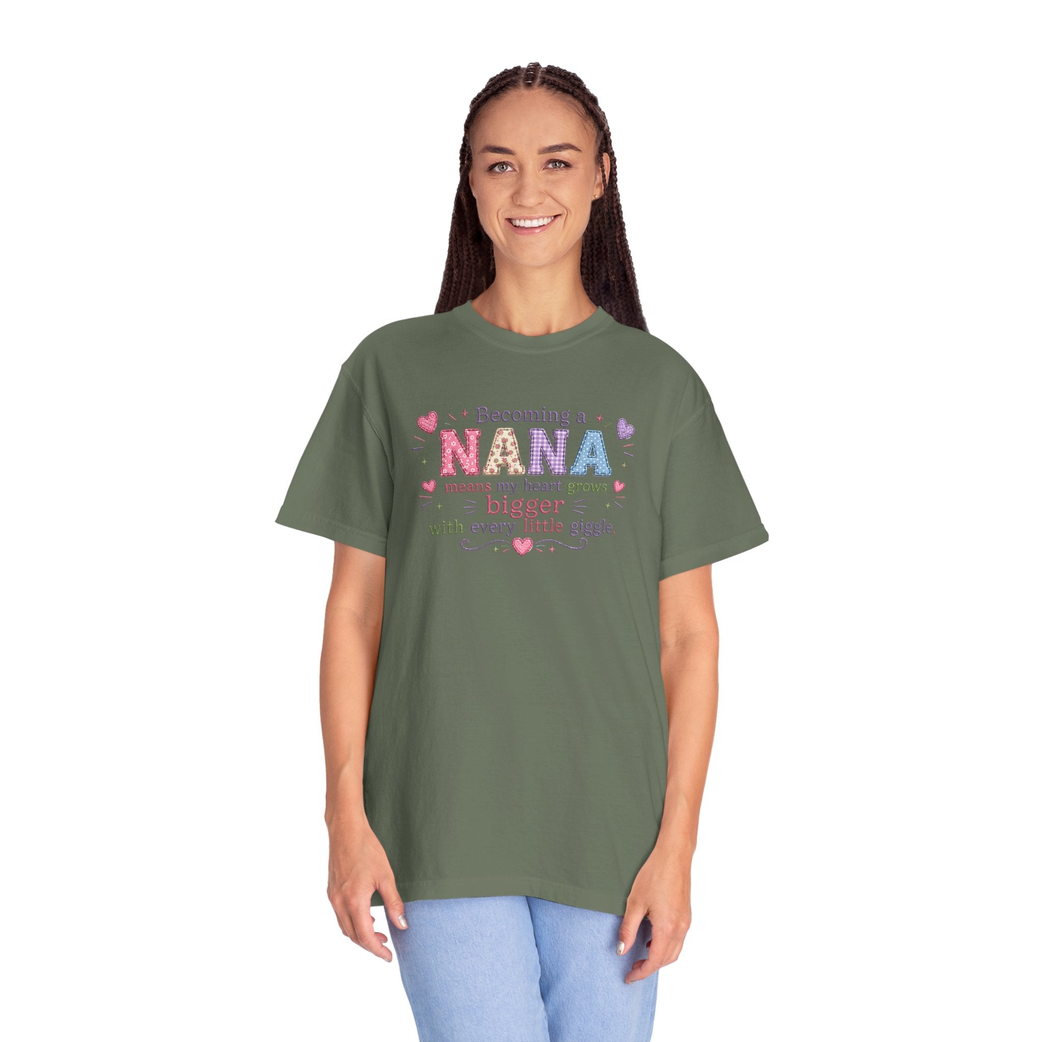 Becoming a Nana T-Shirt — "Becoming a Nana means my heart grows bigger with every little giggle" Cute Grandma Gift