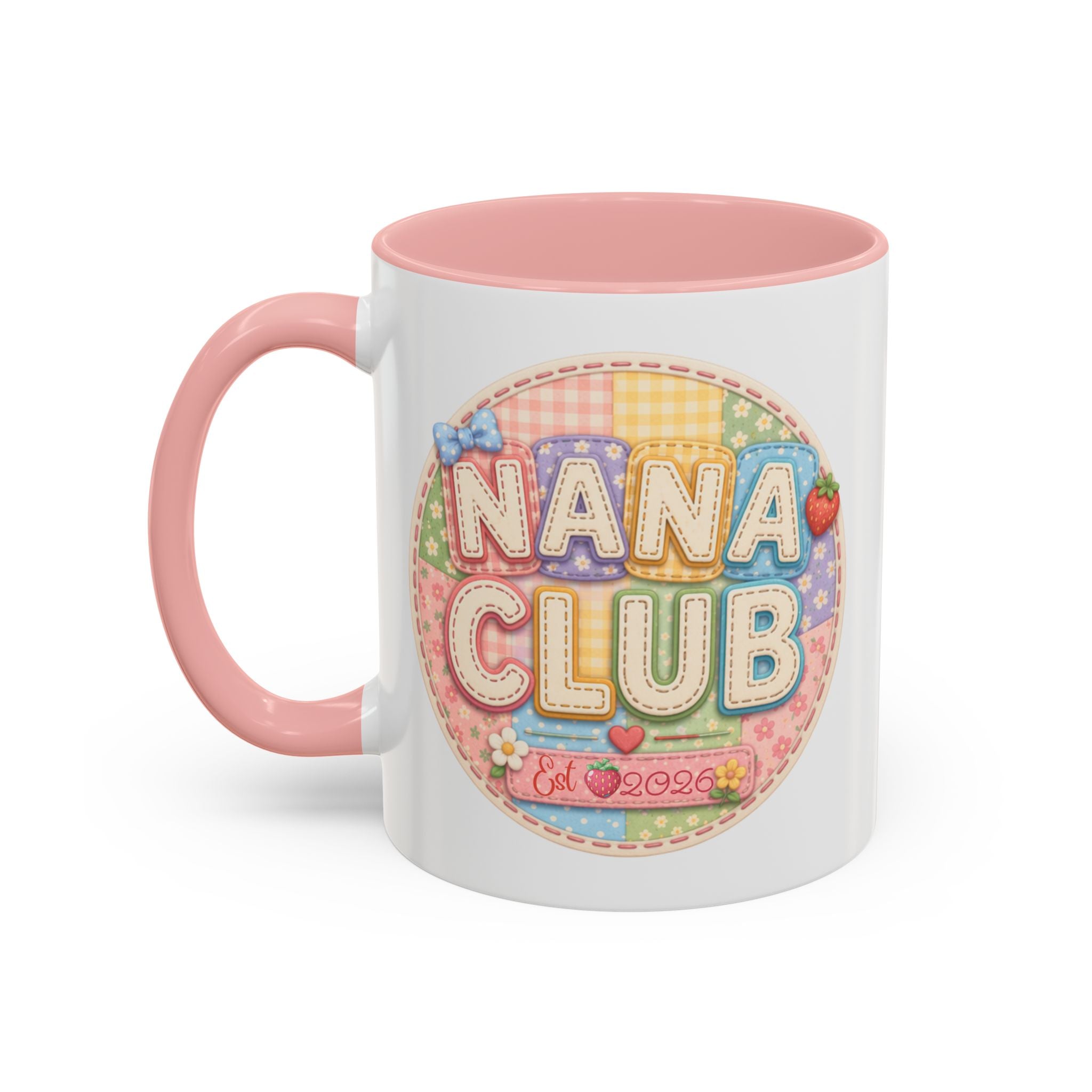 Cute Pastel Accent Coffee Mug — 'Nana Club' Patch Design, Pink Interior (11/15oz)
