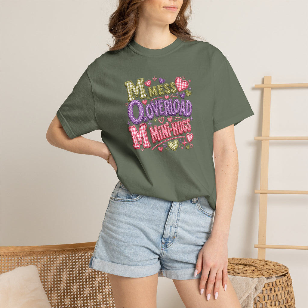 Mess, Overload, Mini-Hugs Hugs T-Shirt — Cute Hand-Lettered Mom Vibes Tee