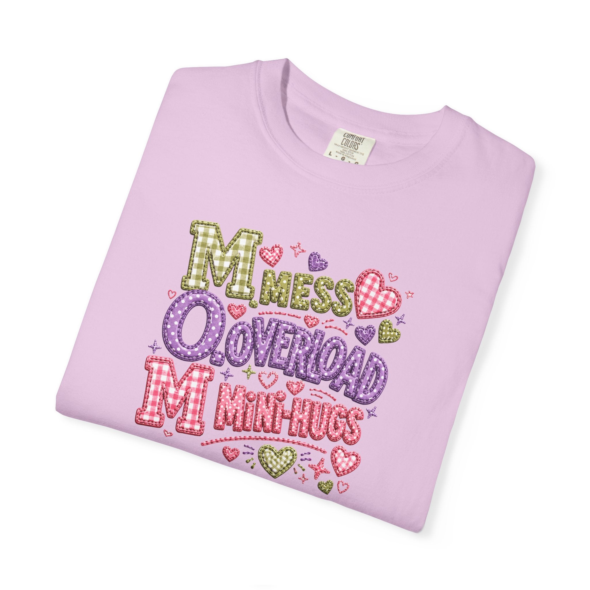Mess, Overload, Mini-Hugs Hugs T-Shirt — Cute Hand-Lettered Mom Vibes Tee