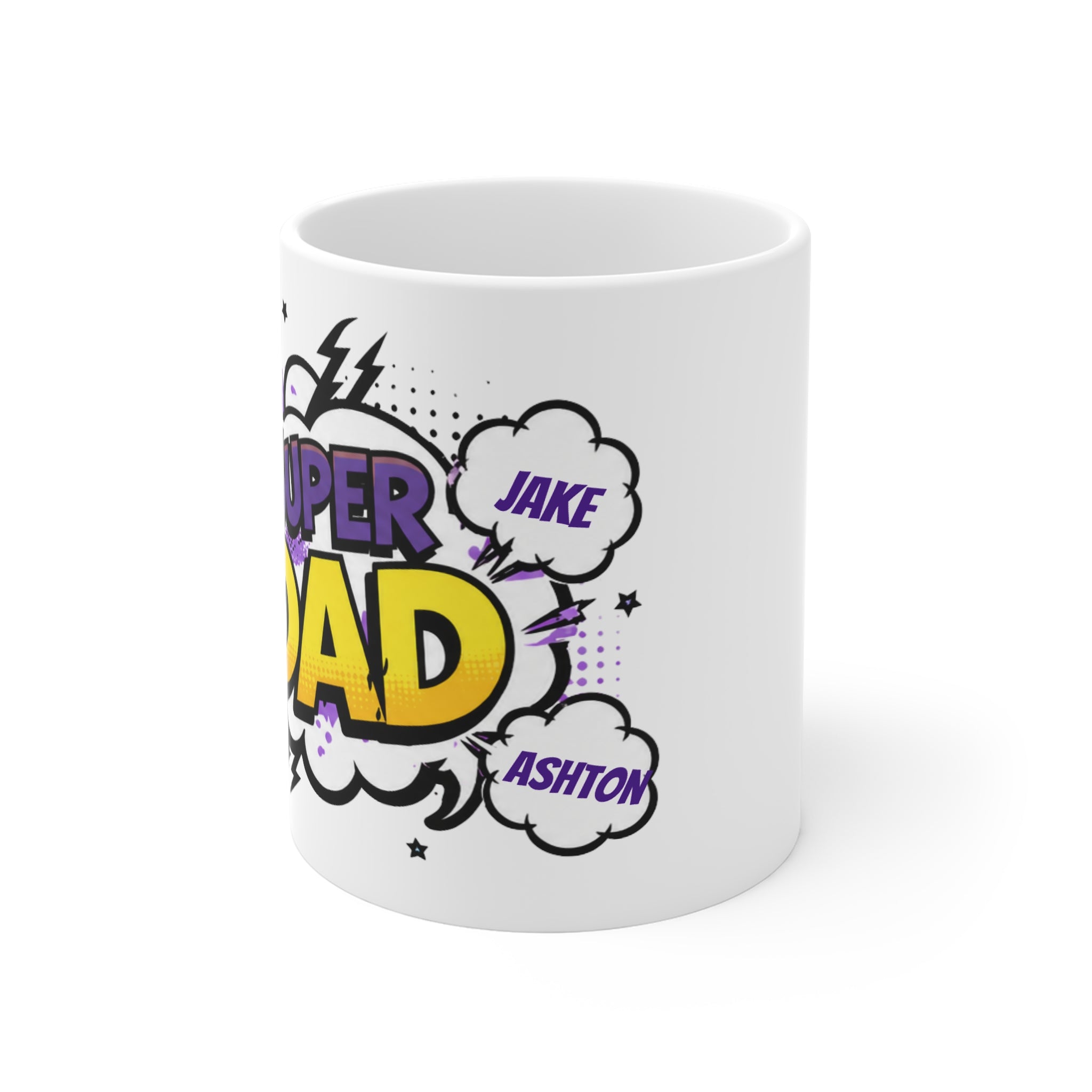 Super Dad Comic Mug — Personalized Names Coffee Cup for Father’s Day
