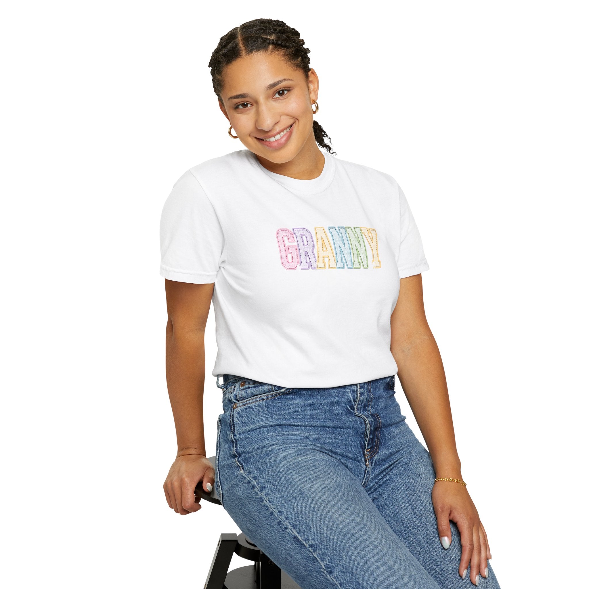 Granny Pastel Patchwork T-Shirt — Retro Rainbow 'GRANNY' Graphic Tee
