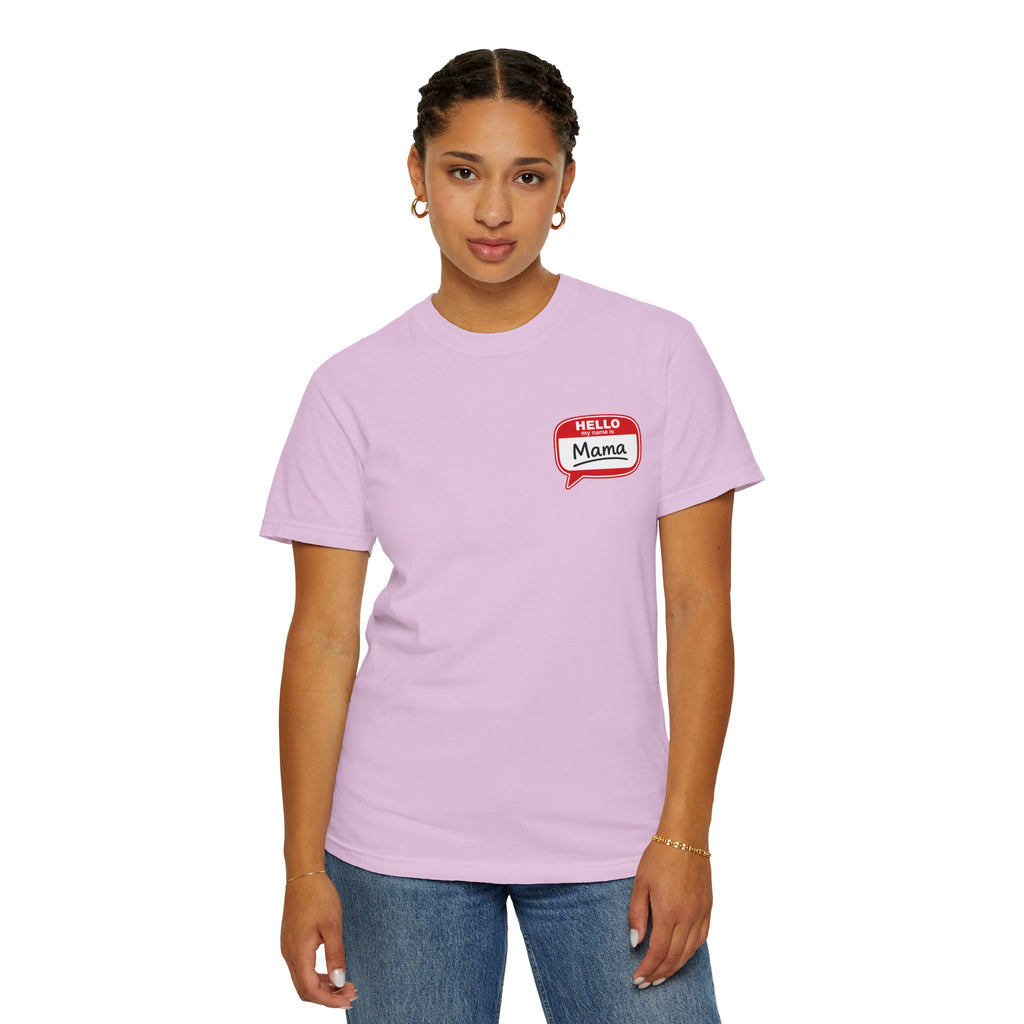 Hello Mama Pocket T‑Shirt — Cute 'Hello Mama' Name Tag Graphic Tee for New and Expecting Moms