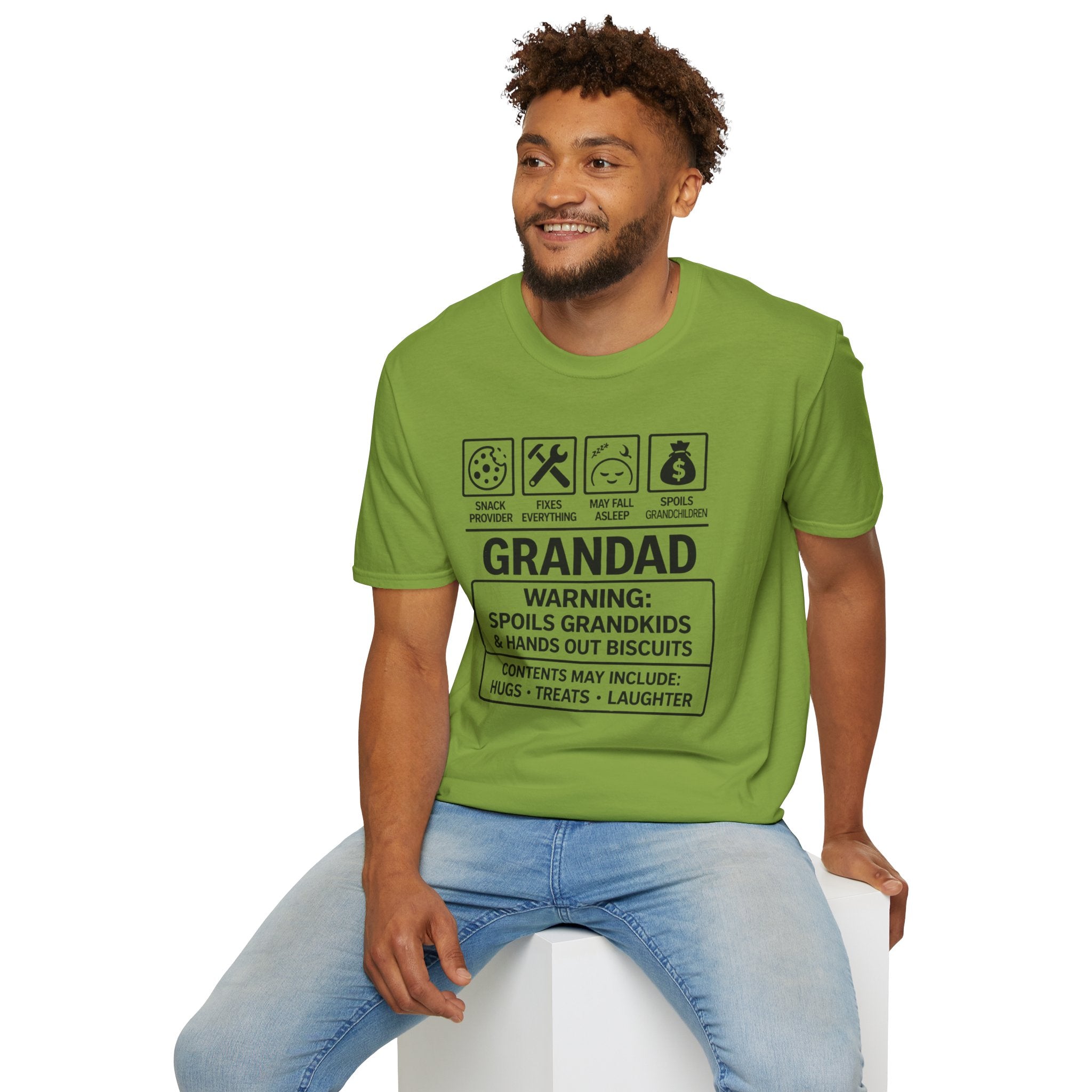 Grandad Warning T-Shirt — 'Warning: Spoils Grandkids & Hands Out Biscuits' Funny Grandpa Shirt
