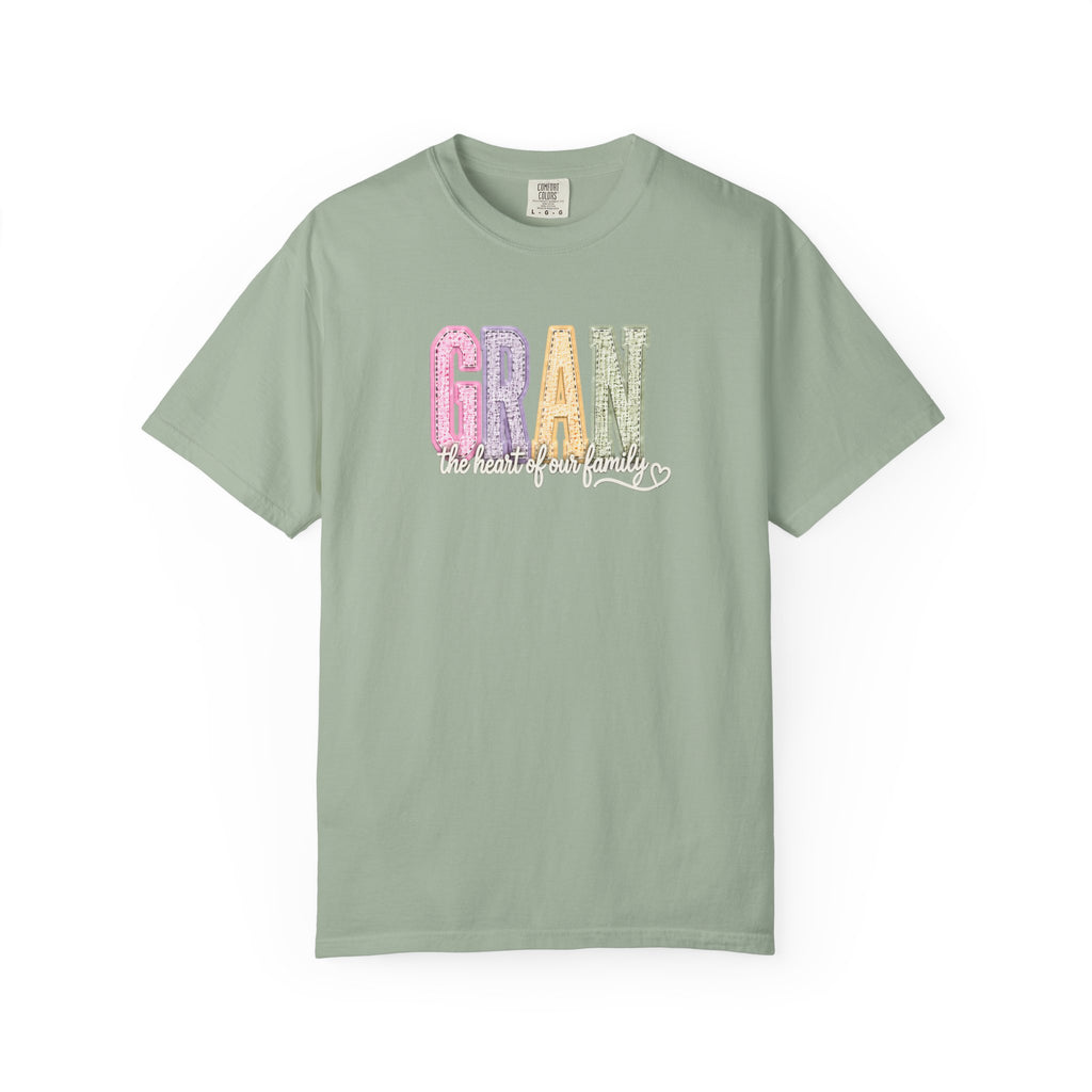 Gran Floral Script T-Shirt — "the heart of my family" Sage Garment-Dyed Tee