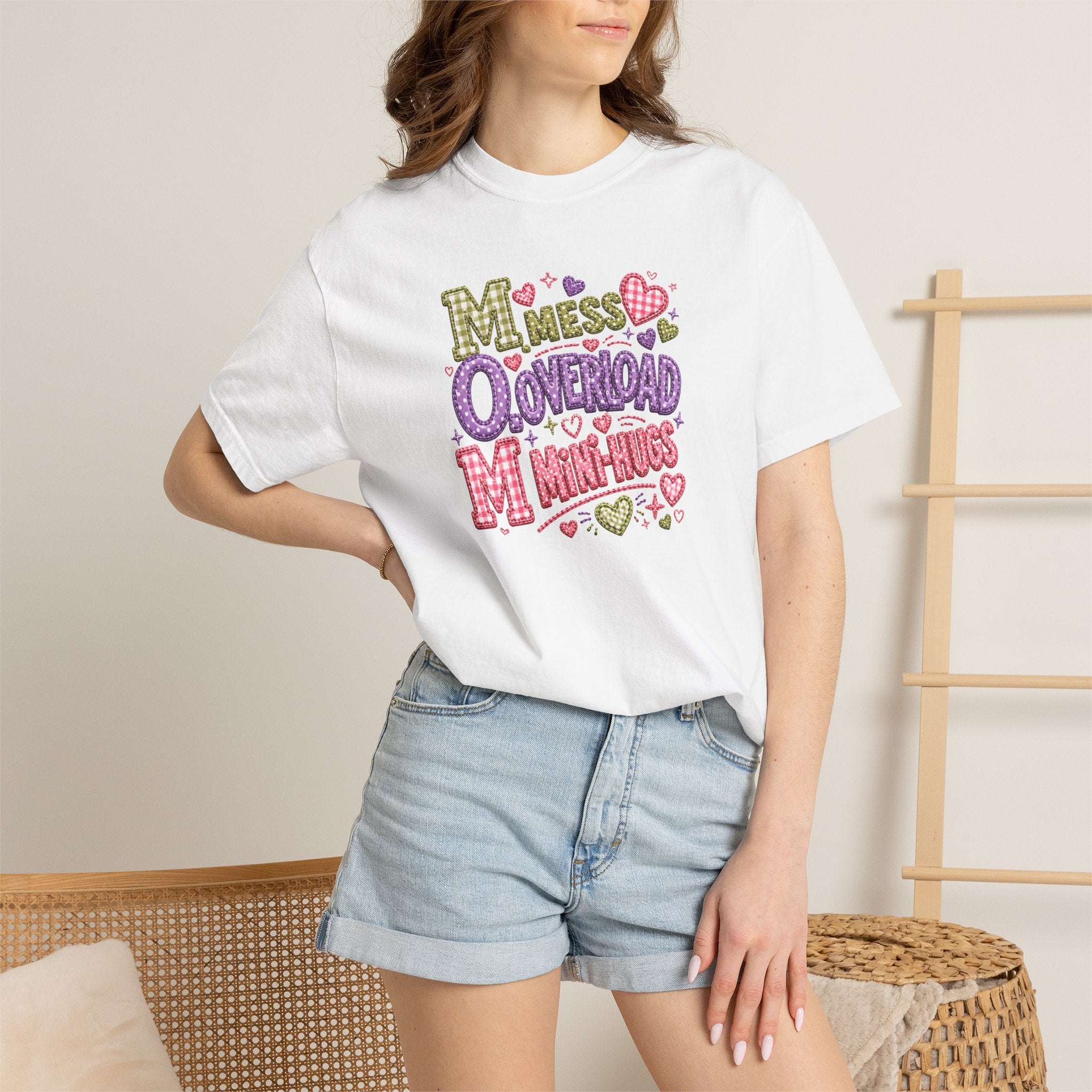 Mess, Overload, Mini-Hugs Hugs T-Shirt — Cute Hand-Lettered Mom Vibes Tee