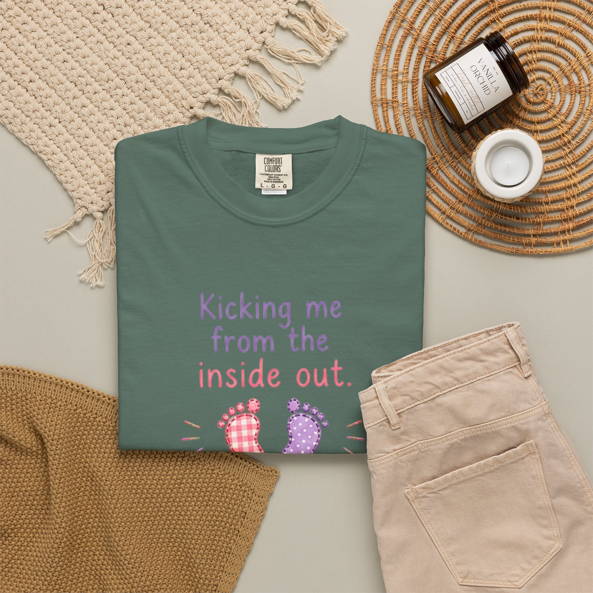 Pregnancy T-Shirt "Kicking Me From the Inside Out" — Cute Baby Footprint Maternity Tee