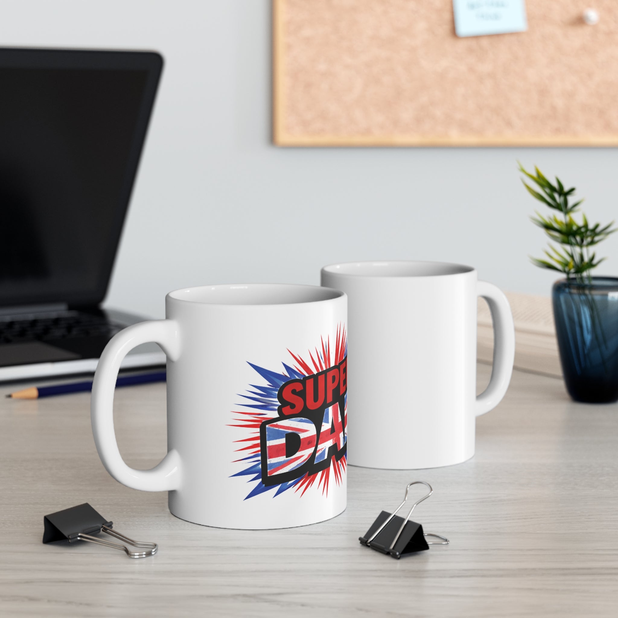 Super Dad Ceramic Coffee Mug — Union Jack themed Patriotic Red & Blue 11oz/15oz Father’s Day Gift