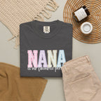 Nana Pastel Patchwork Tee — Soft White "NANA" Graphic T-Shirt for Grandmothers