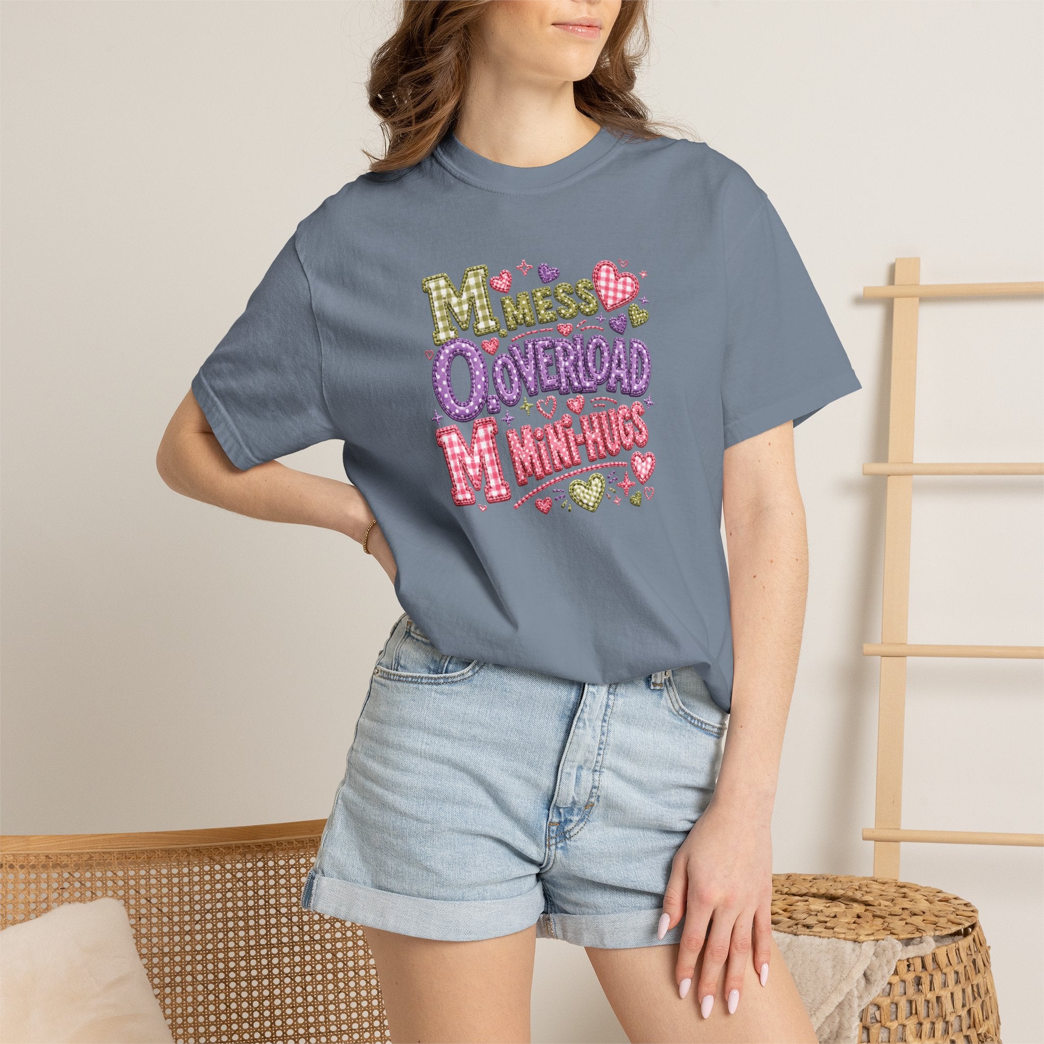 Mess, Overload, Mini-Hugs Hugs T-Shirt — Cute Hand-Lettered Mom Vibes Tee