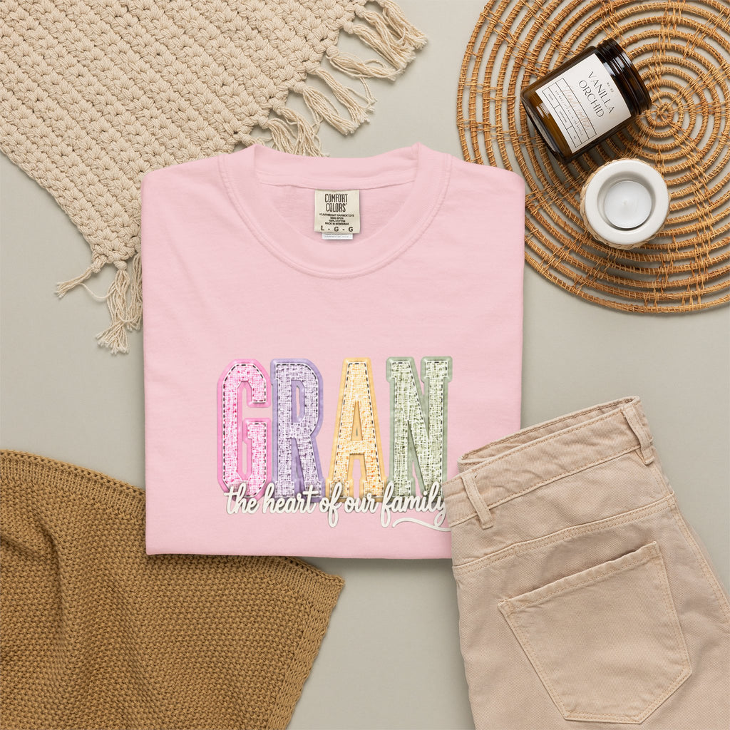 Gran Floral Script T-Shirt — "the heart of my family" Sage Garment-Dyed Tee