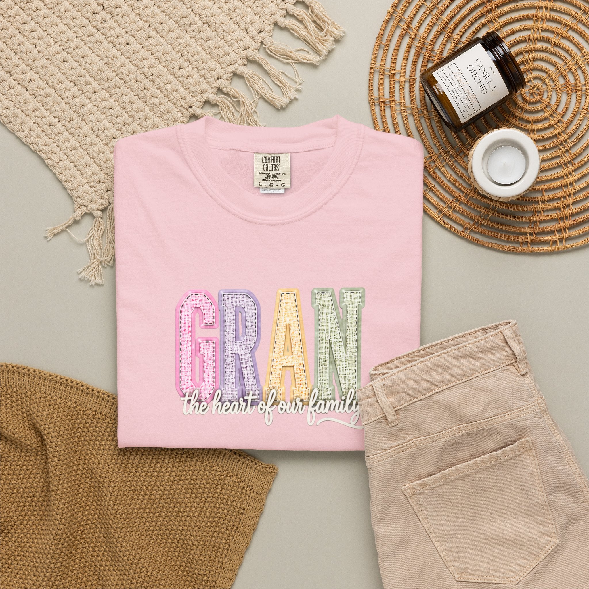 Gran Floral Script T-Shirt — "the heart of my family" Sage Garment-Dyed Tee