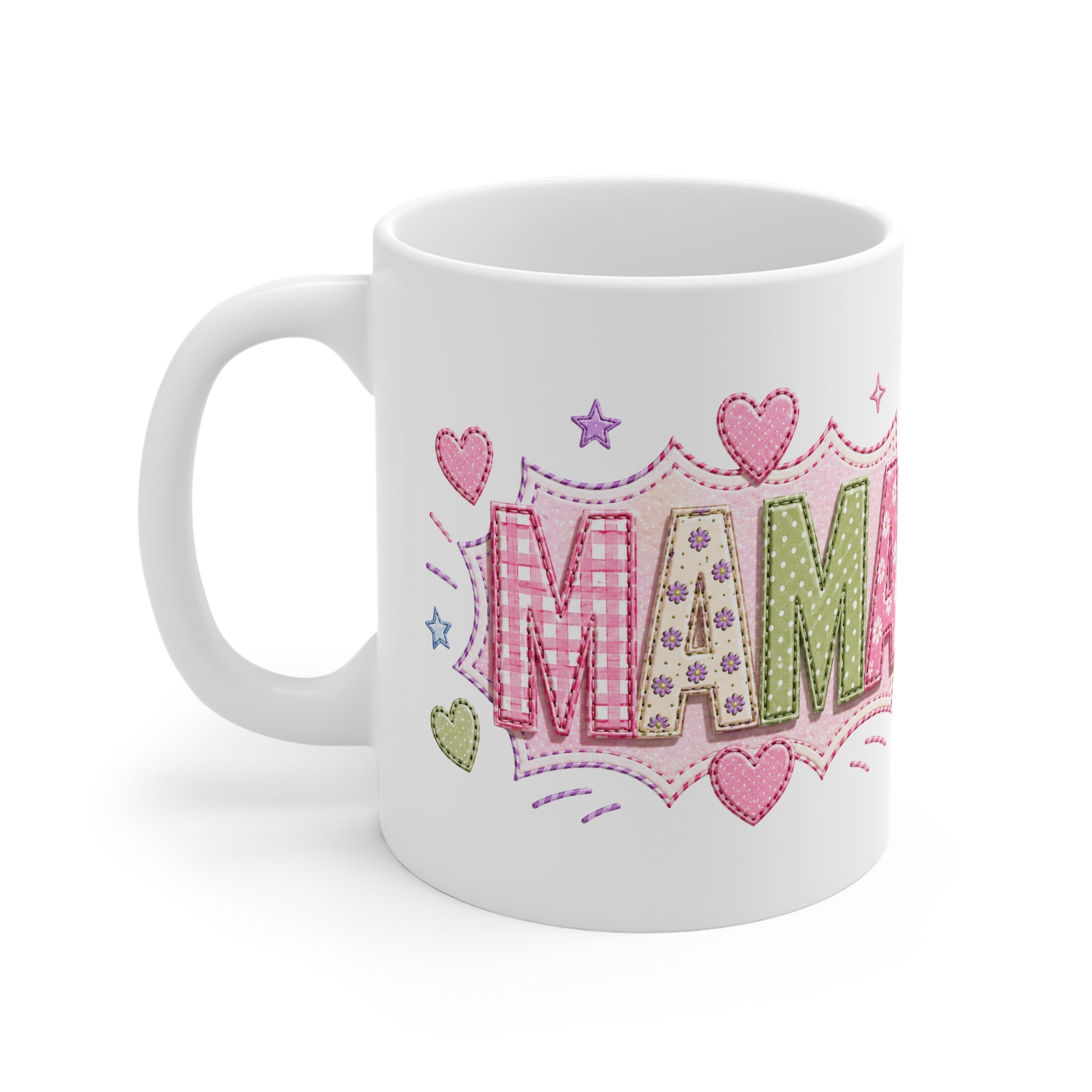 Mama Patchwork Mug — Cute Quilted Floral Hearts Coffee Cup for Mom (Mother’s Day Gift)