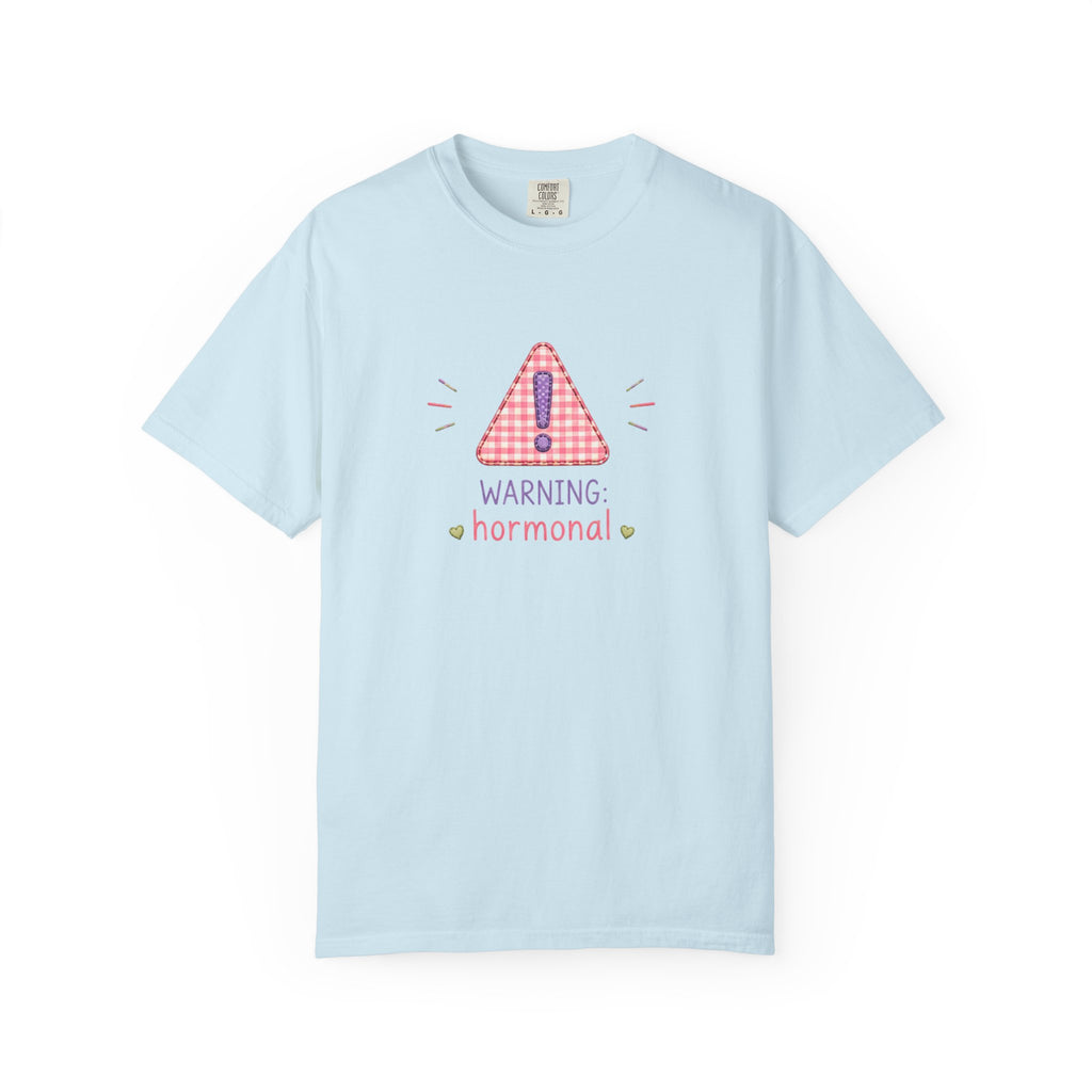 T-Shirt — "Warning: Hormonal" Cute Pink Gingham Alert Graphic