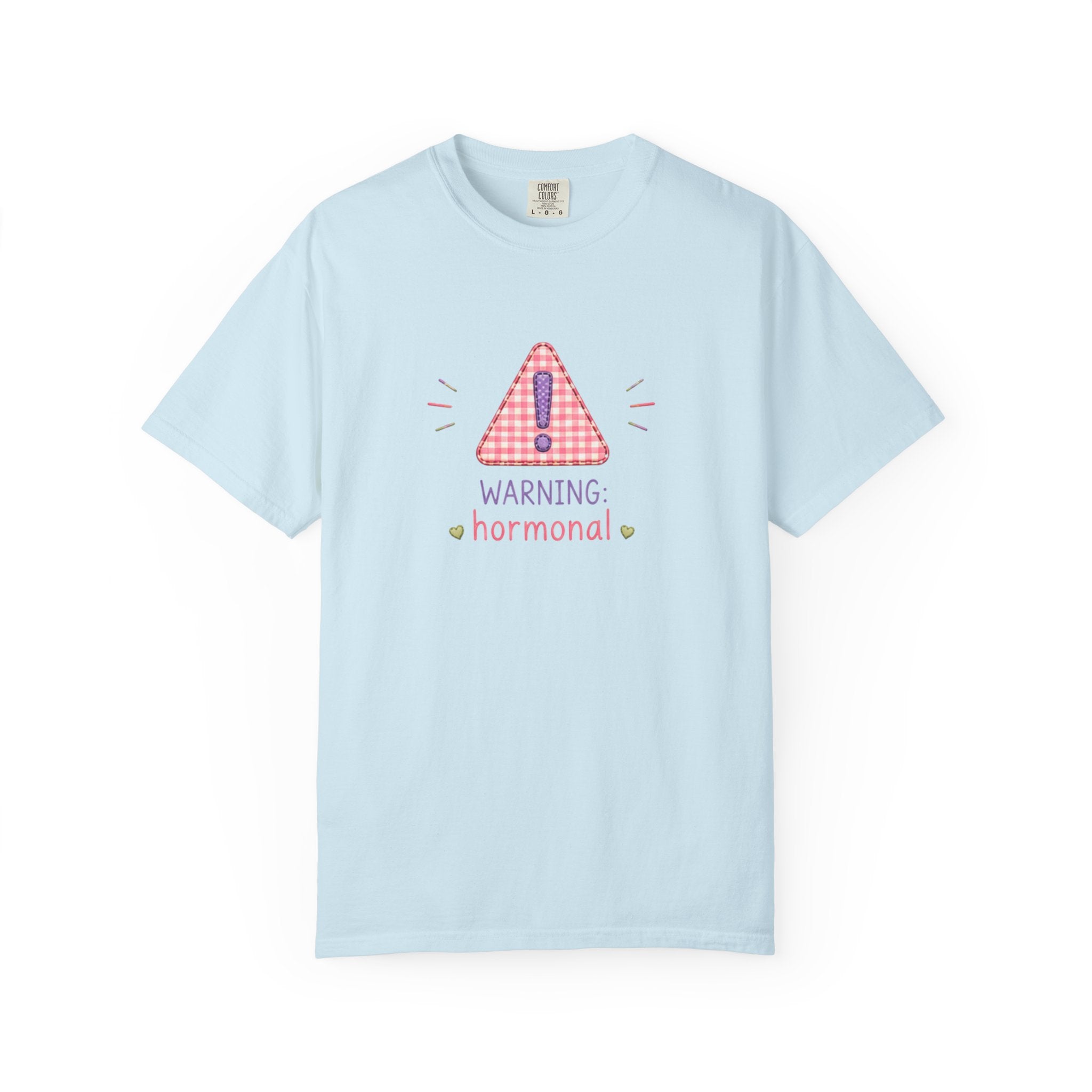 T-Shirt — "Warning: Hormonal" Cute Pink Gingham Alert Graphic