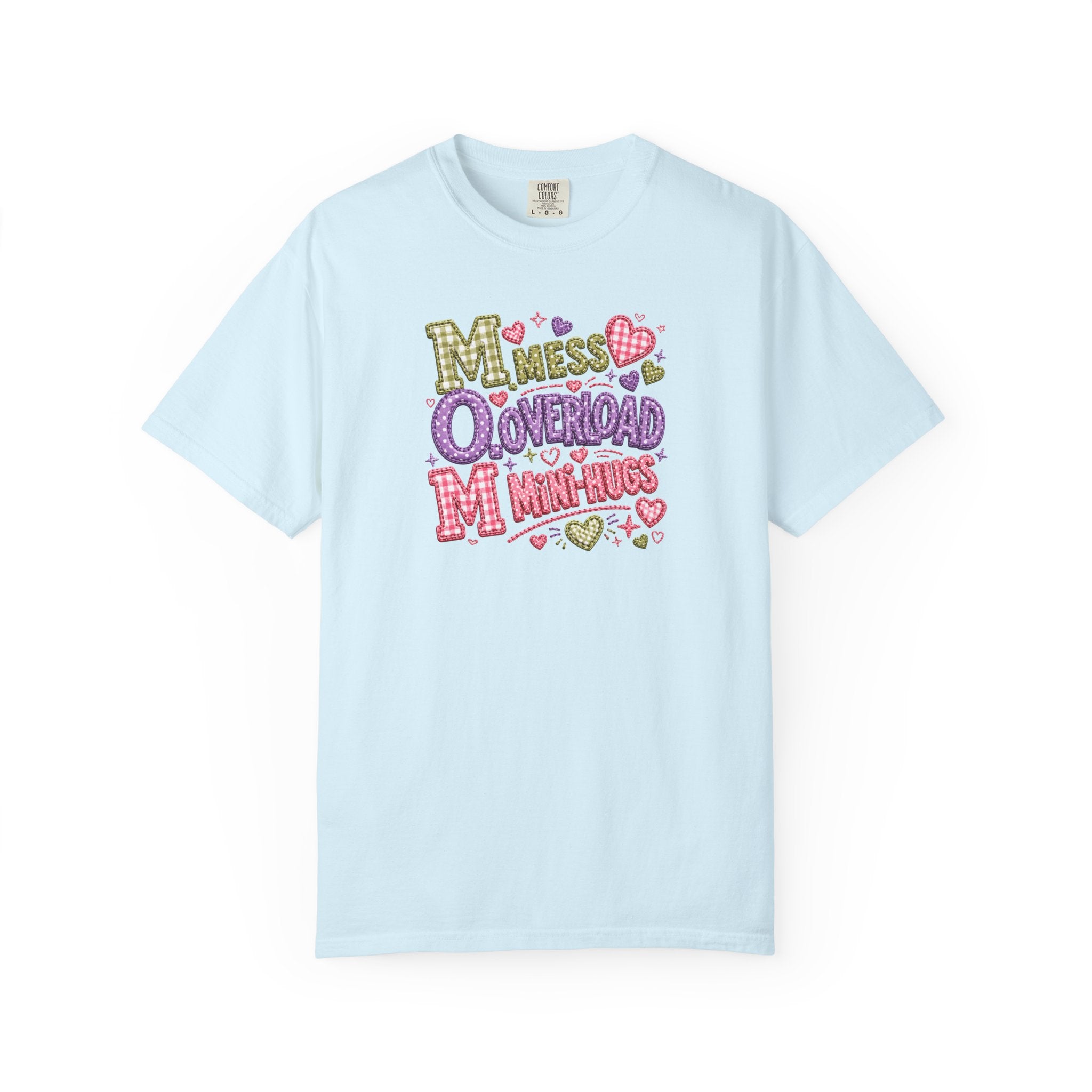 Mess, Overload, Mini-Hugs Hugs T-Shirt — Cute Hand-Lettered Mom Vibes Tee