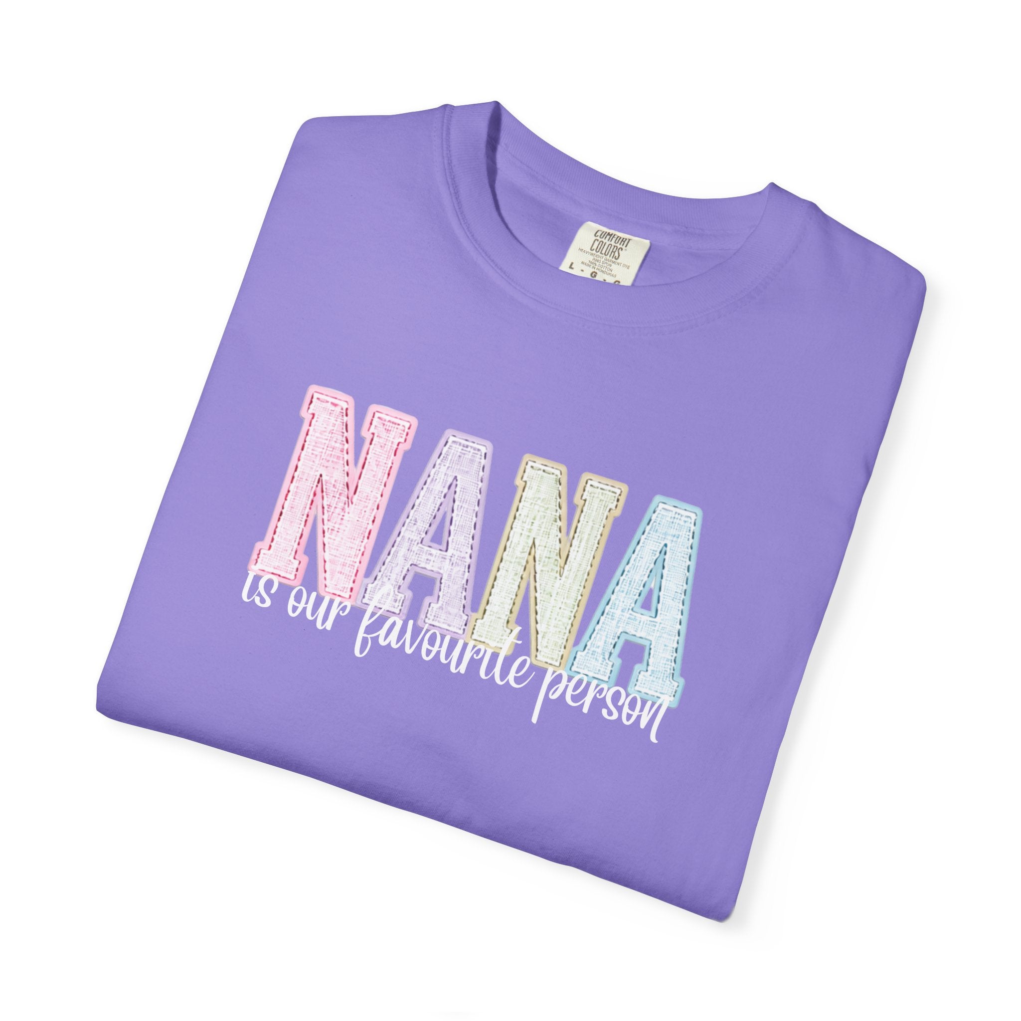 Nana Pastel Patchwork Tee — Soft White "NANA" Graphic T-Shirt for Grandmothers