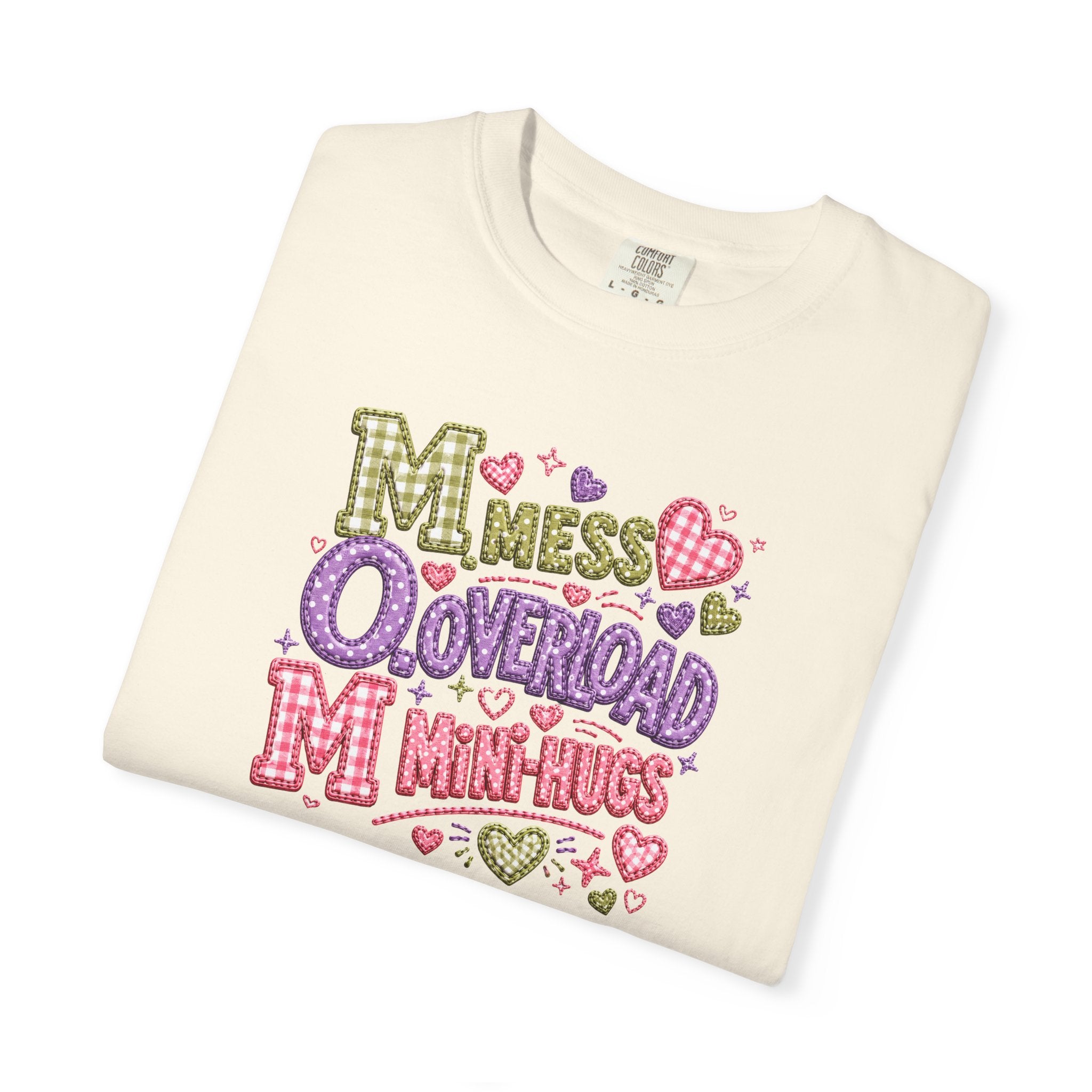 Mess, Overload, Mini-Hugs Hugs T-Shirt — Cute Hand-Lettered Mom Vibes Tee