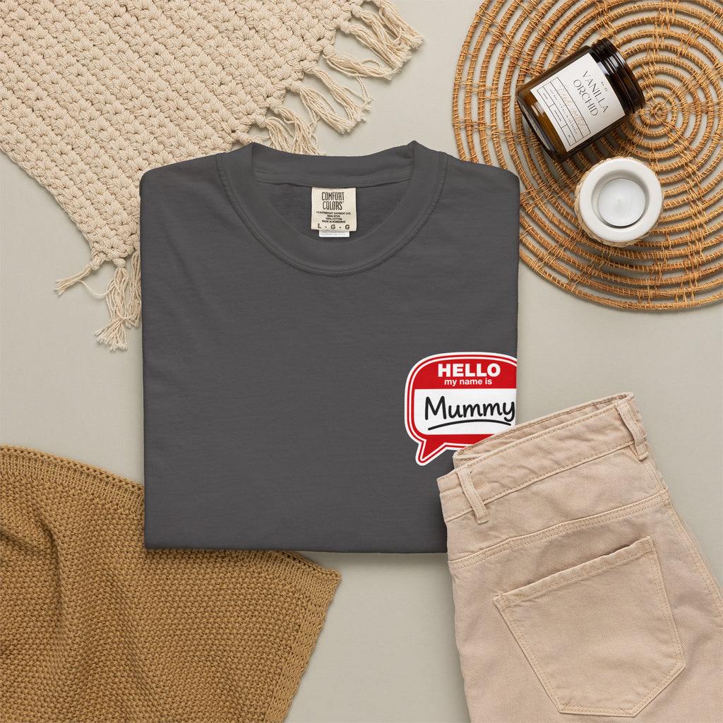 T-Shirt — "Hello Mummy" Retro Name-Tag Graphic