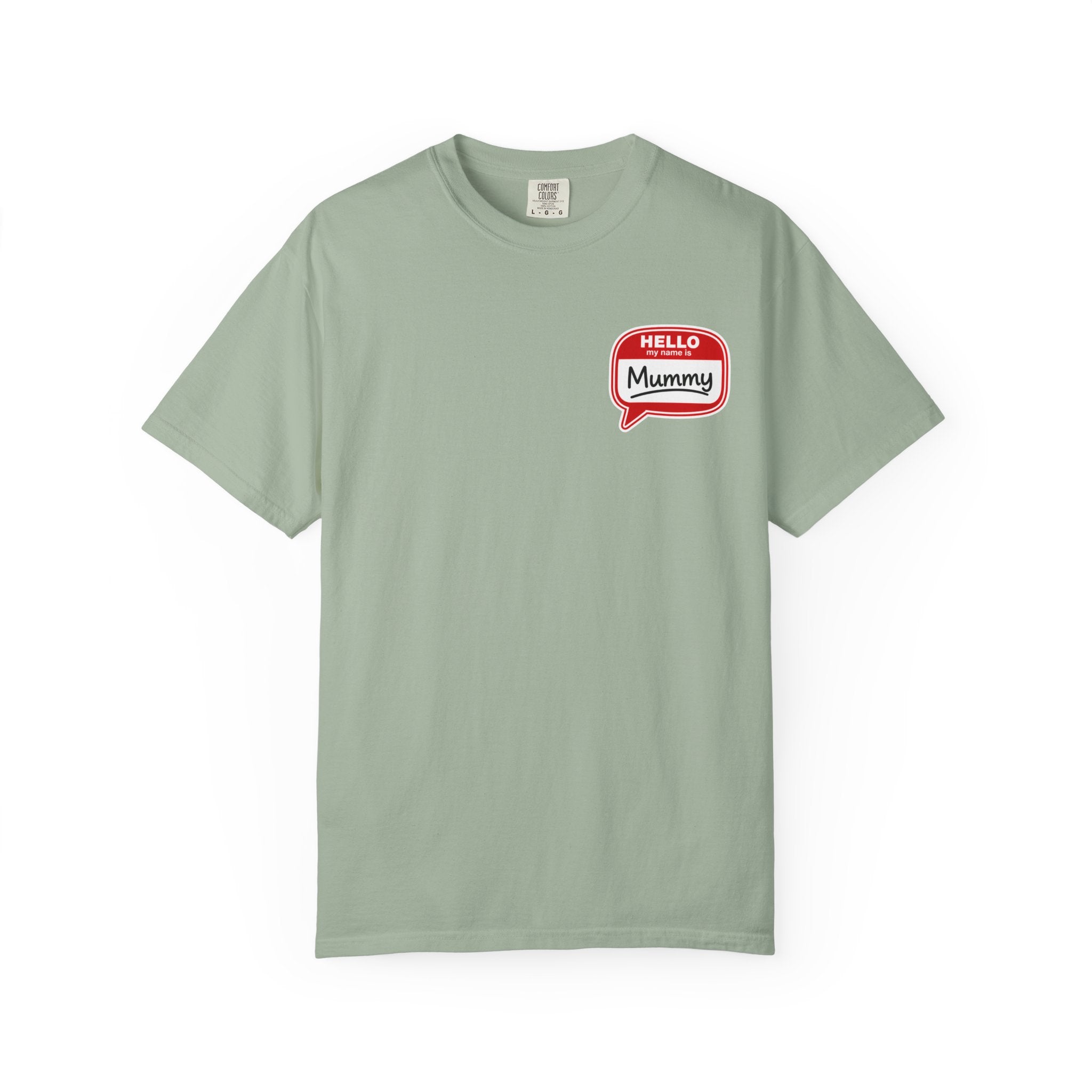 T-Shirt — "Hello Mummy" Retro Name-Tag Graphic
