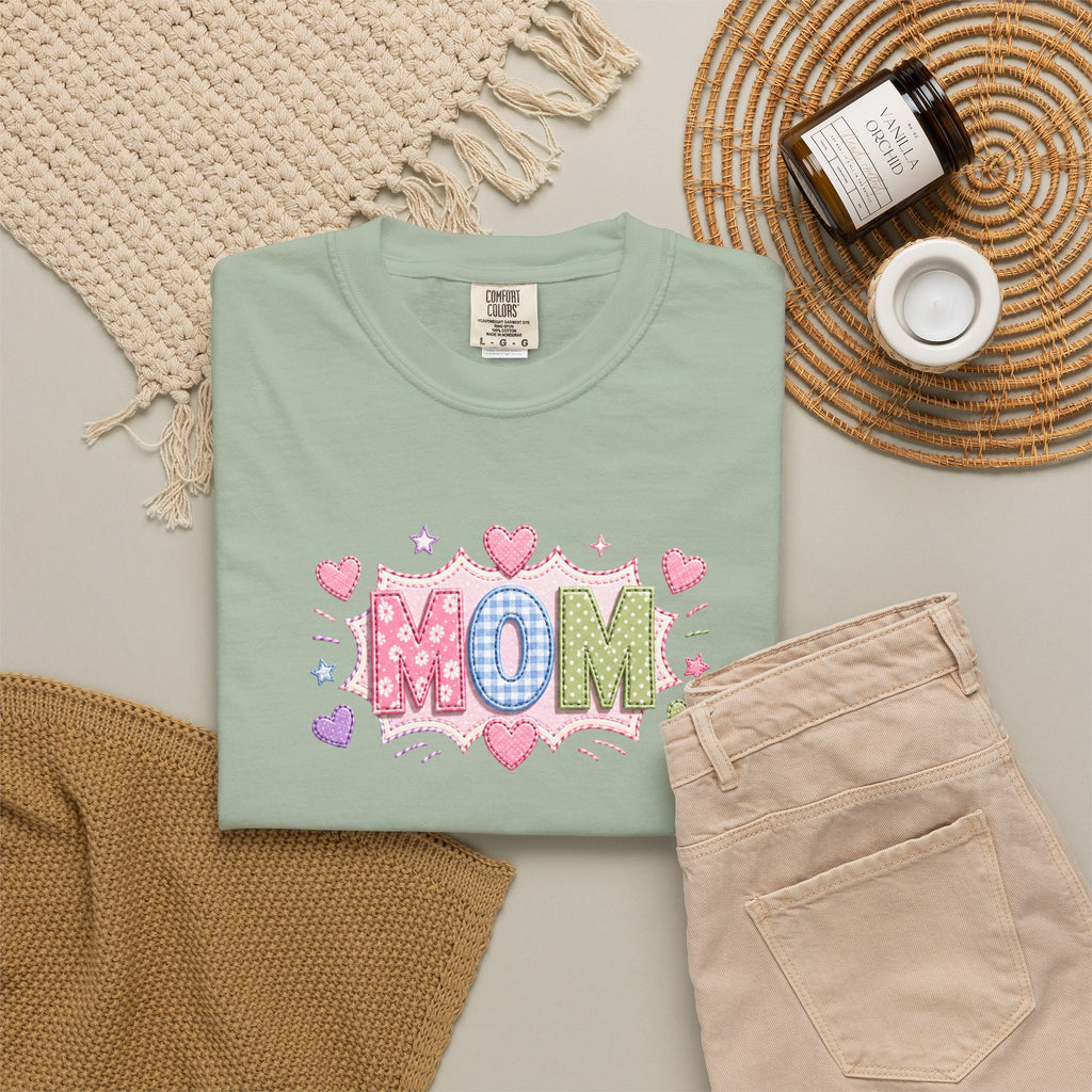 Mom Hearts T‑Shirt — Cute Pastel "MOM" Graphic Tee for Mother's Day & Everyday