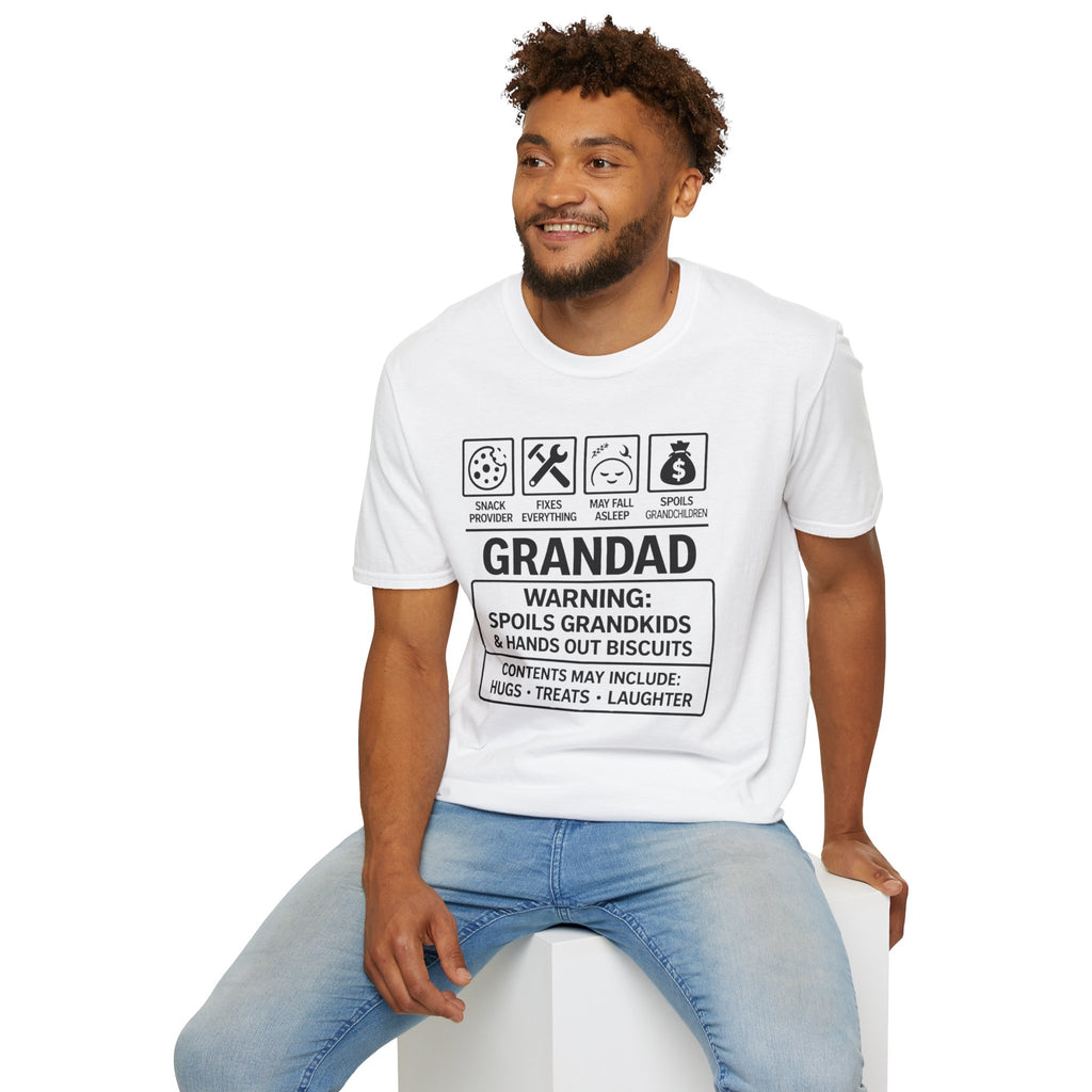 Grandad Warning T-Shirt — 'Warning: Spoils Grandkids & Hands Out Biscuits' Funny Grandpa Shirt