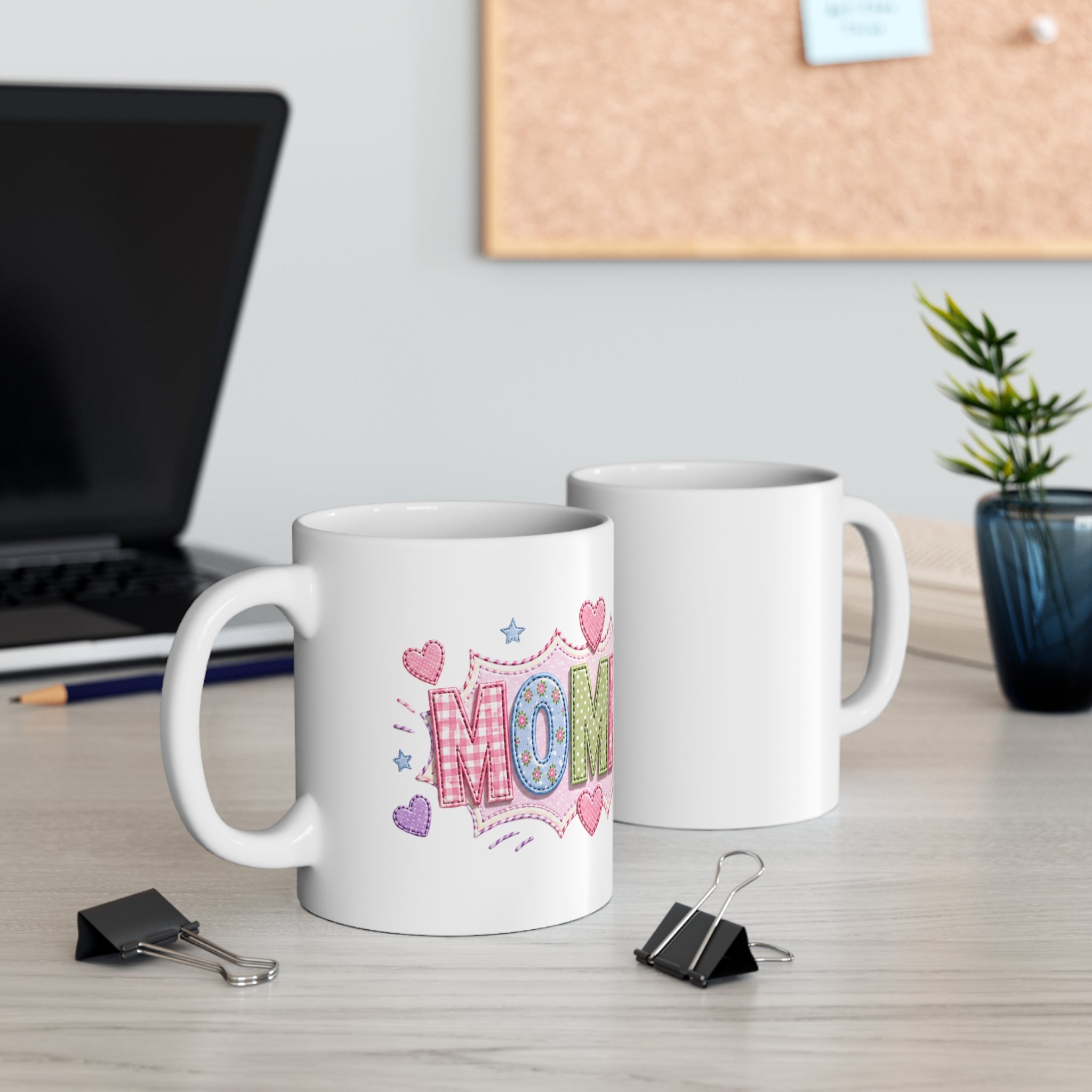 Pastel Quilted 'MOM' Mug — 11oz Ceramic Mother's Day Coffee Cup