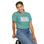 Nana Pastel Patchwork Tee — Soft White "NANA" Graphic T-Shirt for Grandmothers