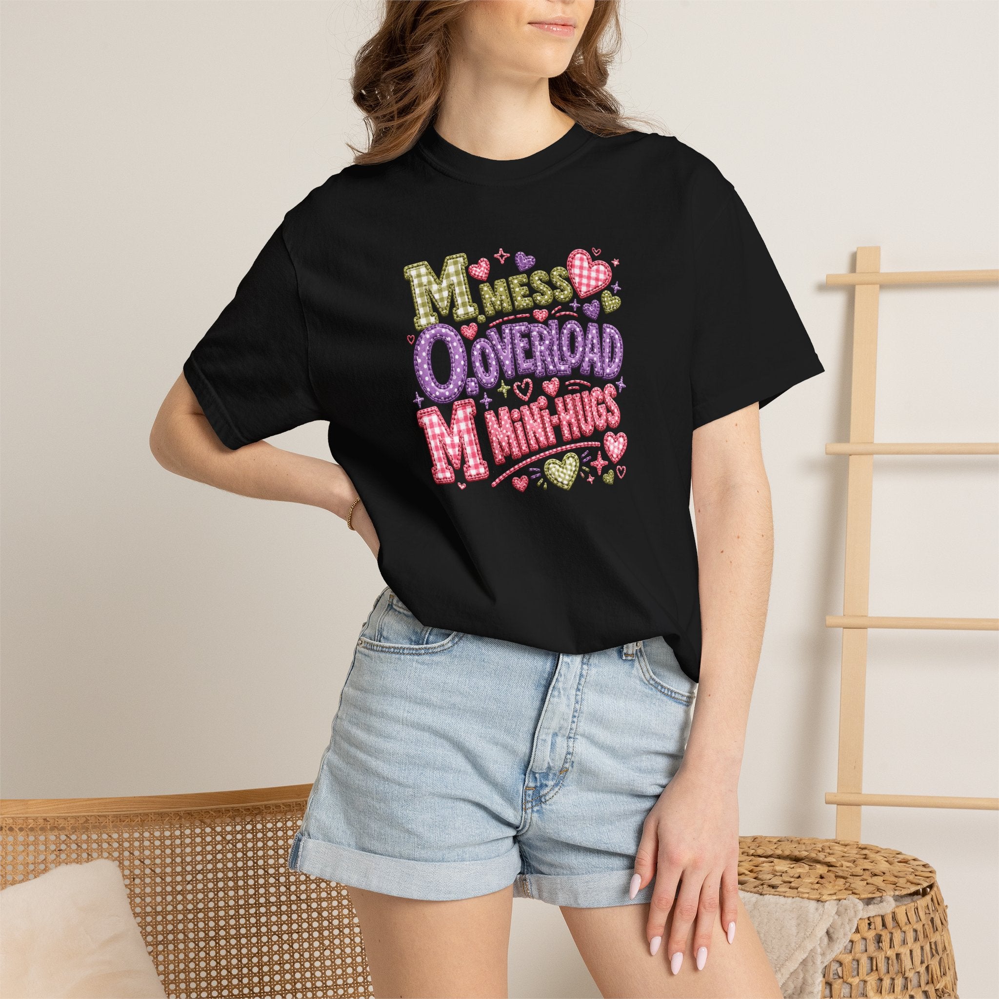 Mess, Overload, Mini-Hugs Hugs T-Shirt — Cute Hand-Lettered Mom Vibes Tee