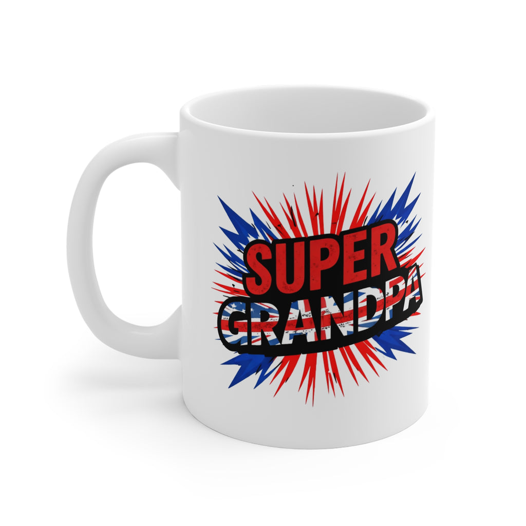 Super Grandpa Union Jack/English themed Mug — Patriotic Comic-Style Coffee Cup for Grandfathers
