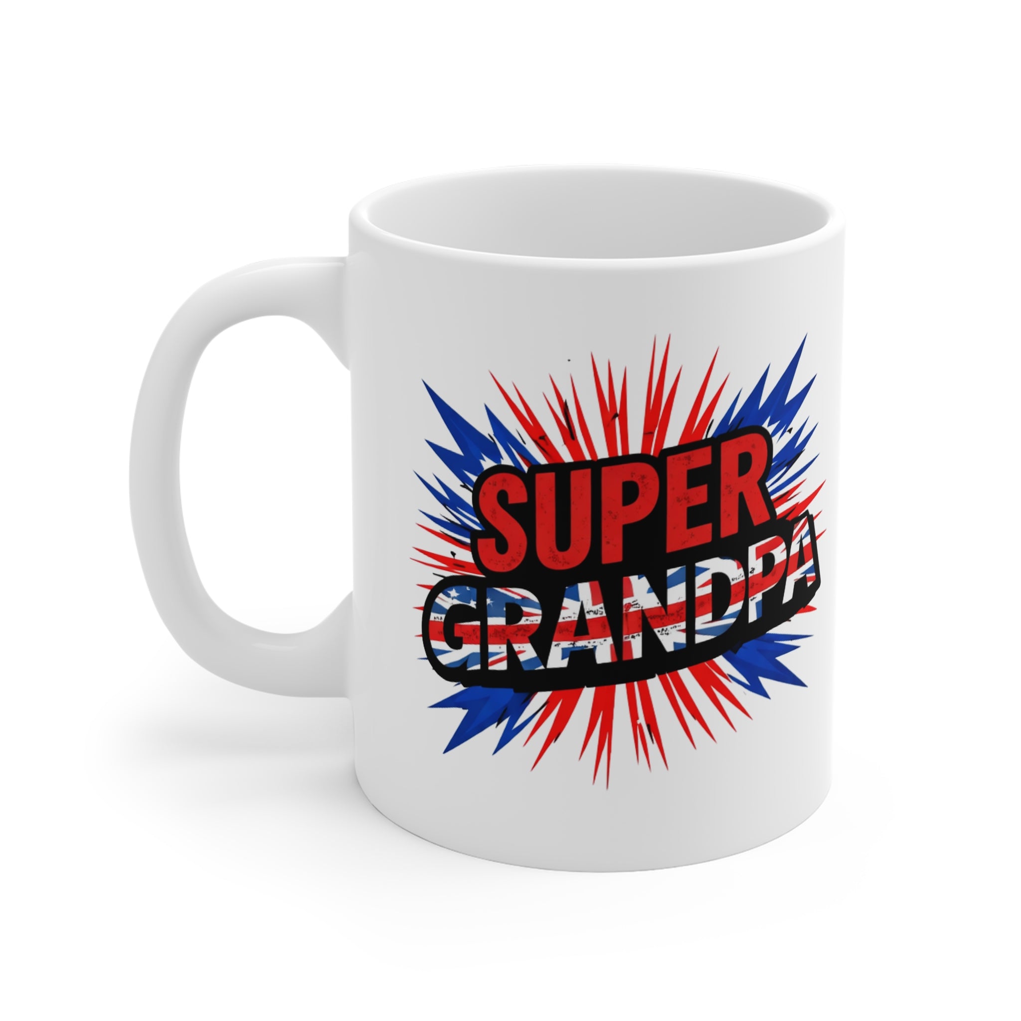 Super Grandpa Union Jack/English themed Mug — Patriotic Comic-Style Coffee Cup for Grandfathers